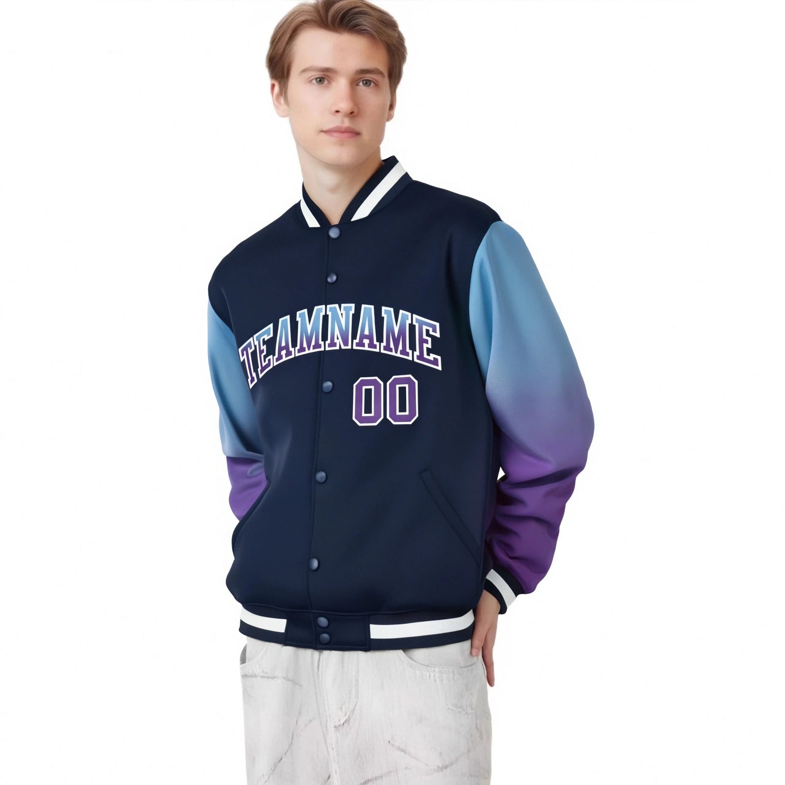 Custom Navy Light Blue-Purple Varsity Full-Snap Sleeve Gradient Fashion Letterman Baseball Jacket