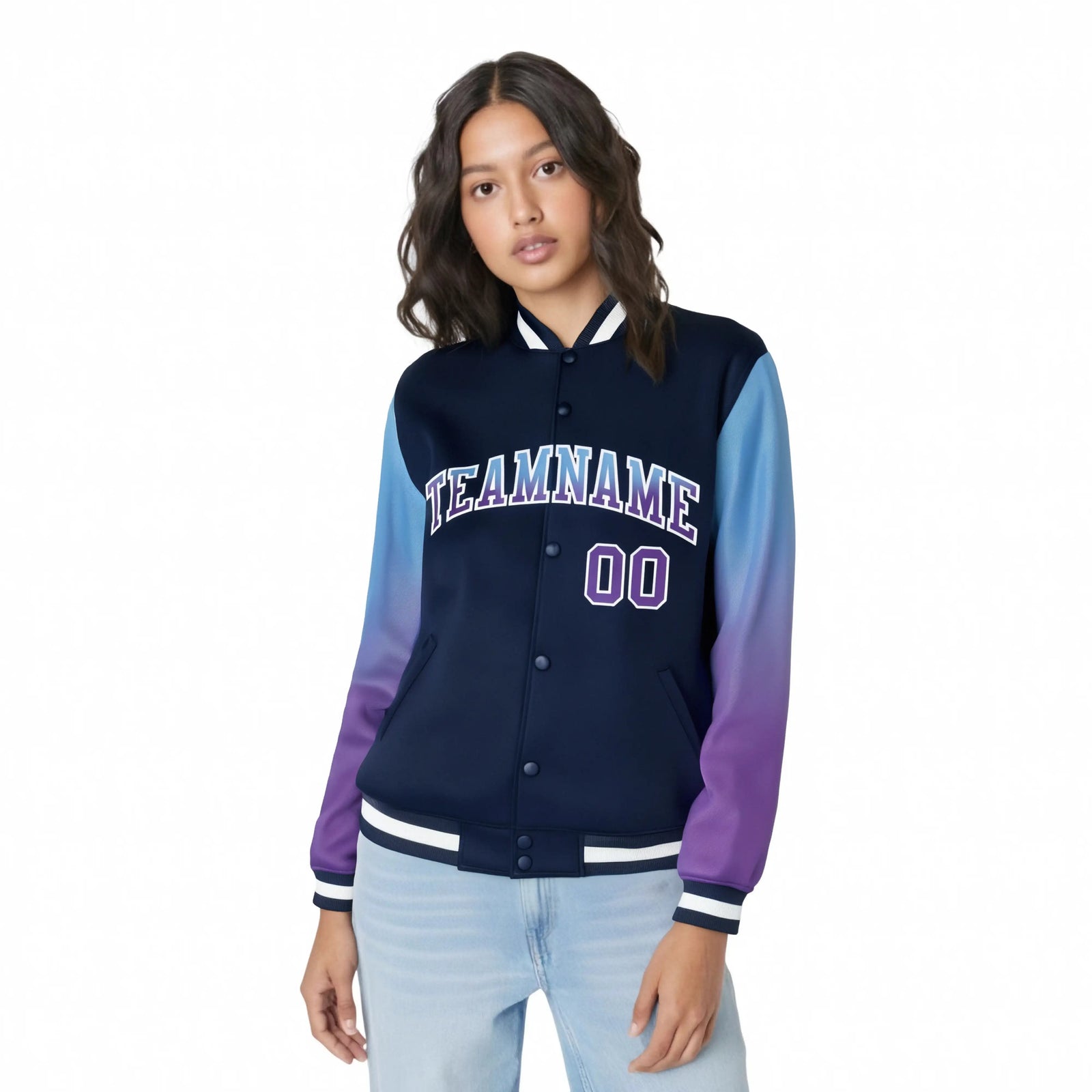 Custom Navy Light Blue-Purple Varsity Full-Snap Sleeve Gradient Fashion Letterman Baseball Jacket