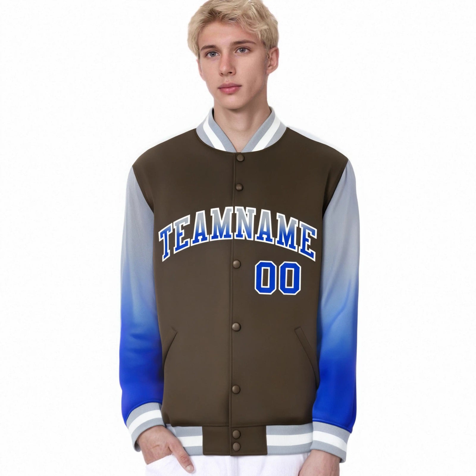 Custom Light Brown Gray-Royal Blue Varsity Full-Snap Sleeve Gradient Fashion Letterman Baseball Jacket