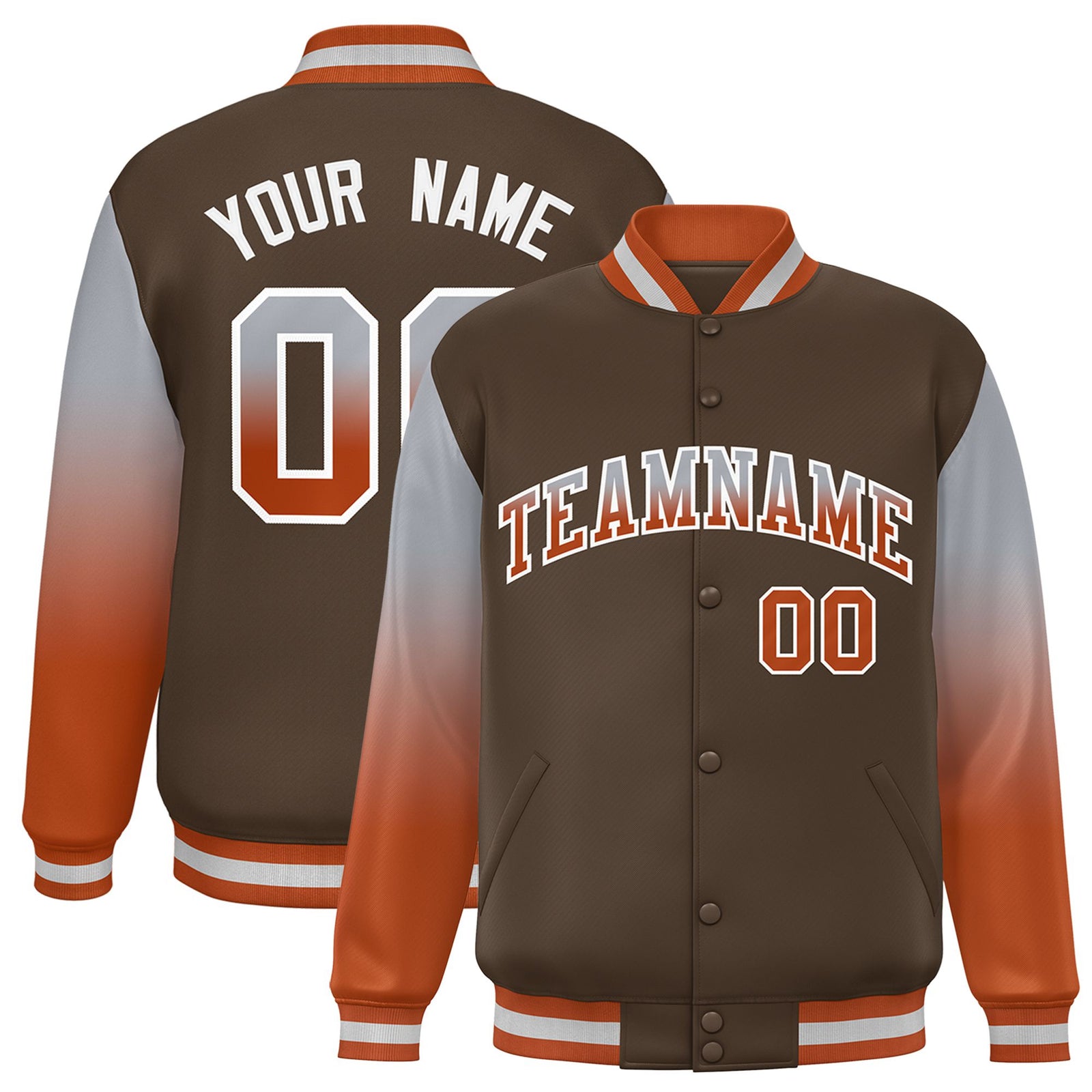 Custom Light Brown Gray-Munsell Varsity Full-Snap Sleeve Gradient Fashion Letterman Baseball Jacket