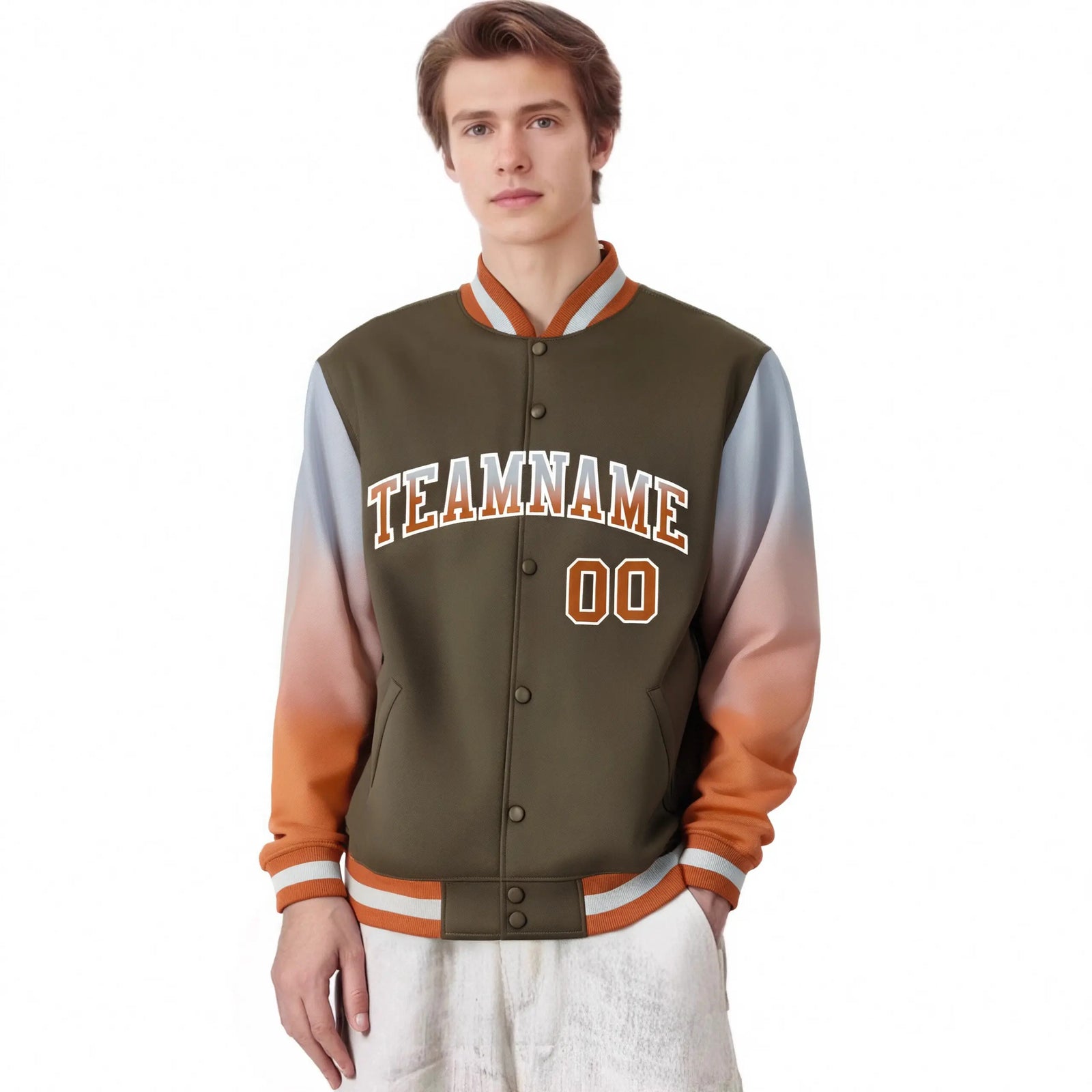 Custom Light Brown Gray-Munsell Varsity Full-Snap Sleeve Gradient Fashion Letterman Baseball Jacket