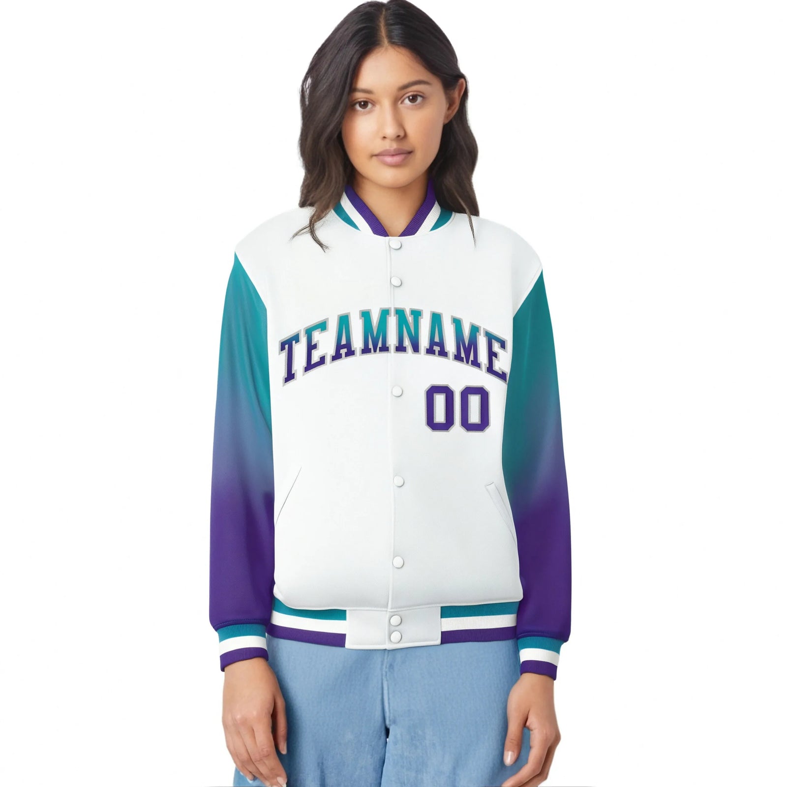 Custom White Aqua-Purple Varsity Full-Snap Sleeve Gradient Fashion Letterman Baseball Jacket