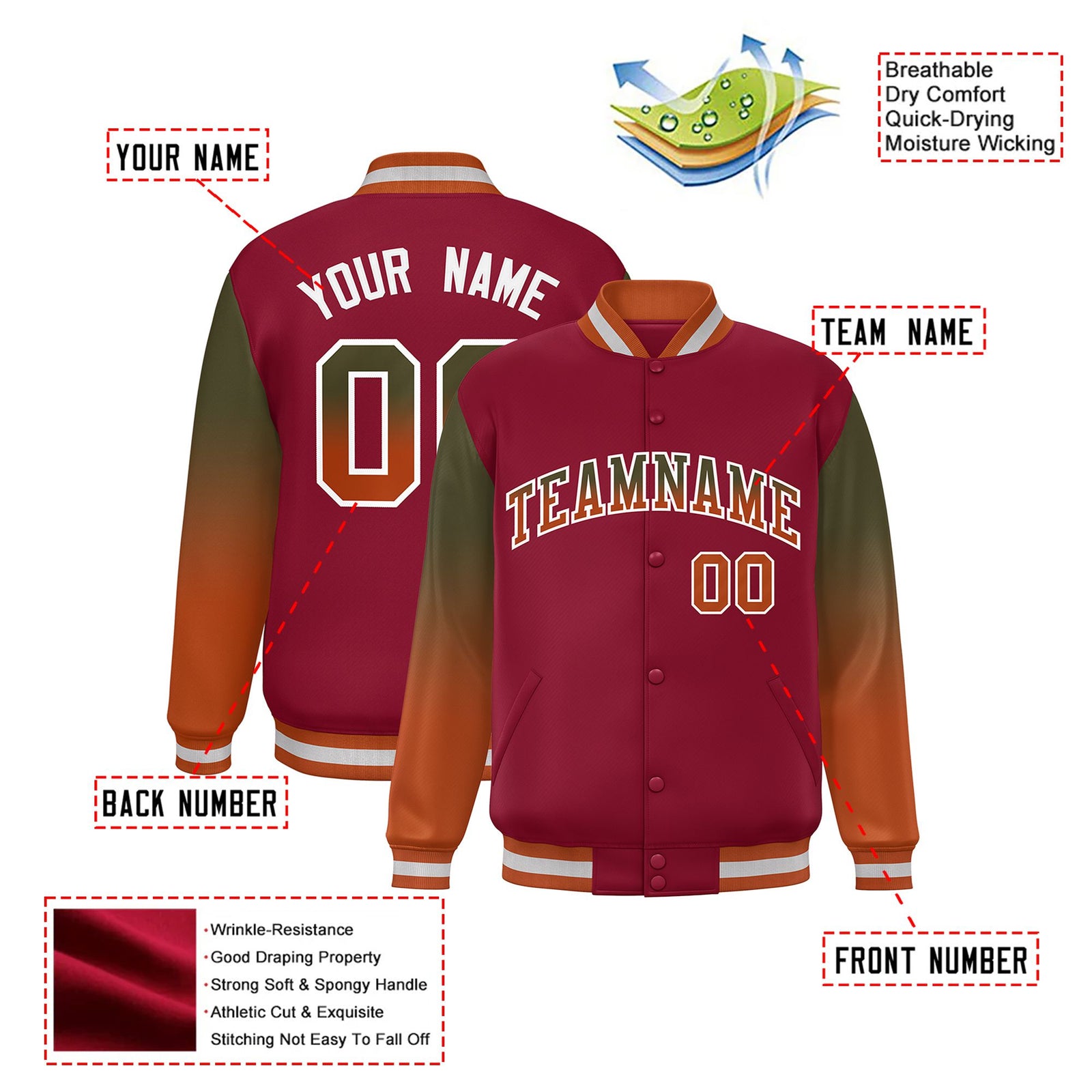 Custom Crimson Olive-Munsell Varsity Full-Snap Sleeve Gradient Fashion Letterman Baseball Jacket