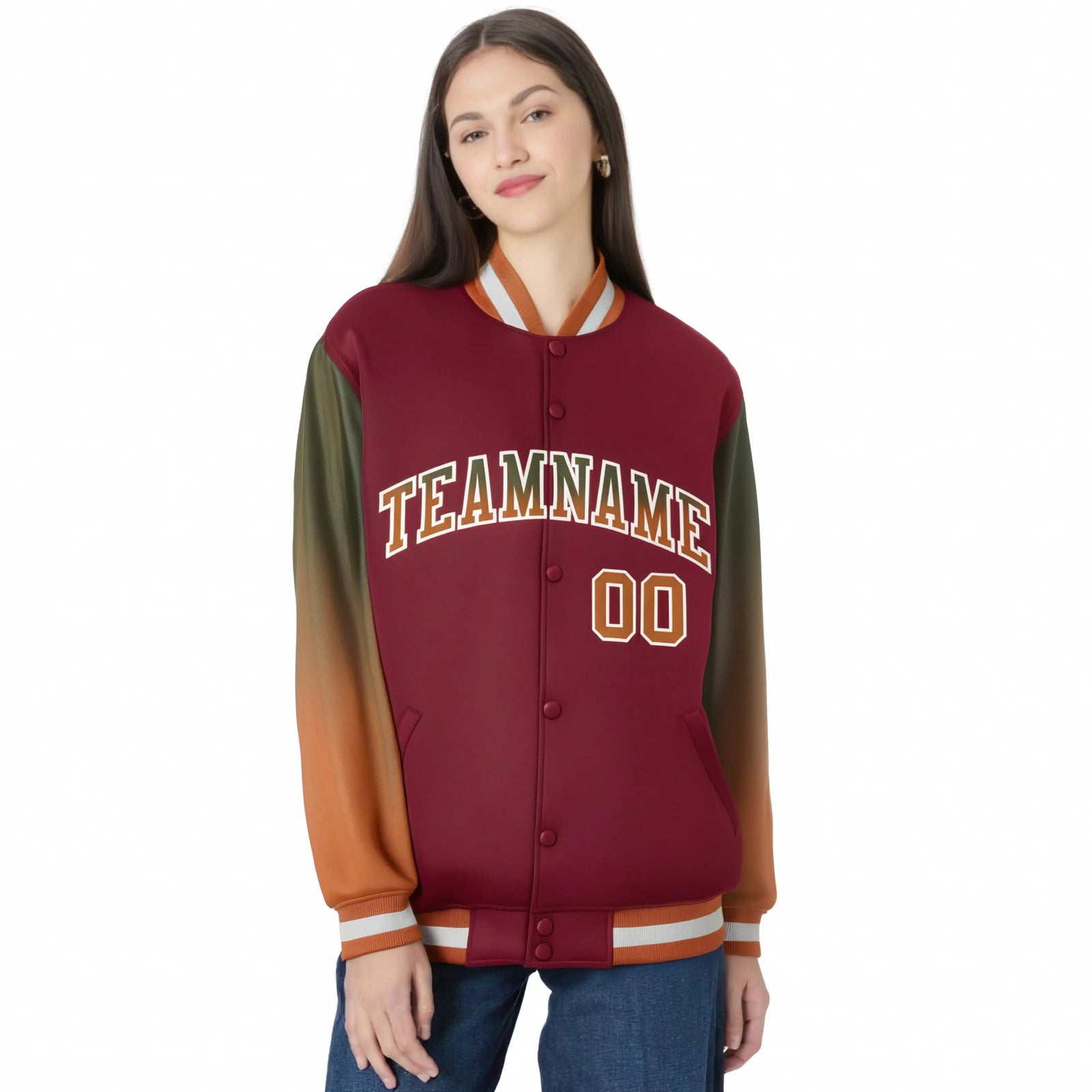 Custom Crimson Olive-Munsell Varsity Full-Snap Sleeve Gradient Fashion Letterman Baseball Jacket