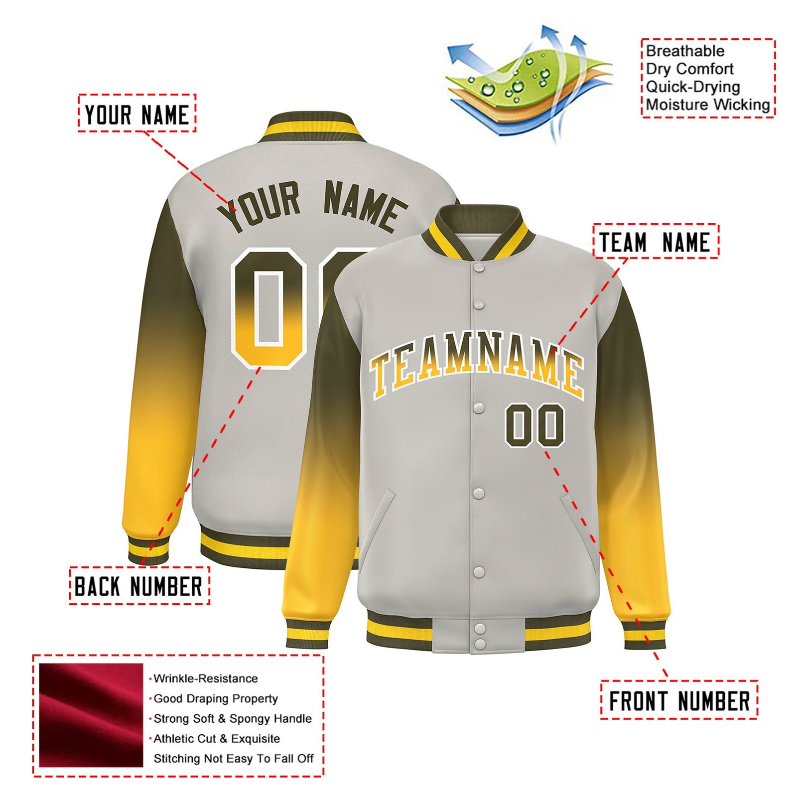 Custom Gray Olive-Gold Varsity Full-Snap Sleeve Gradient Fashion Letterman Baseball Jacket