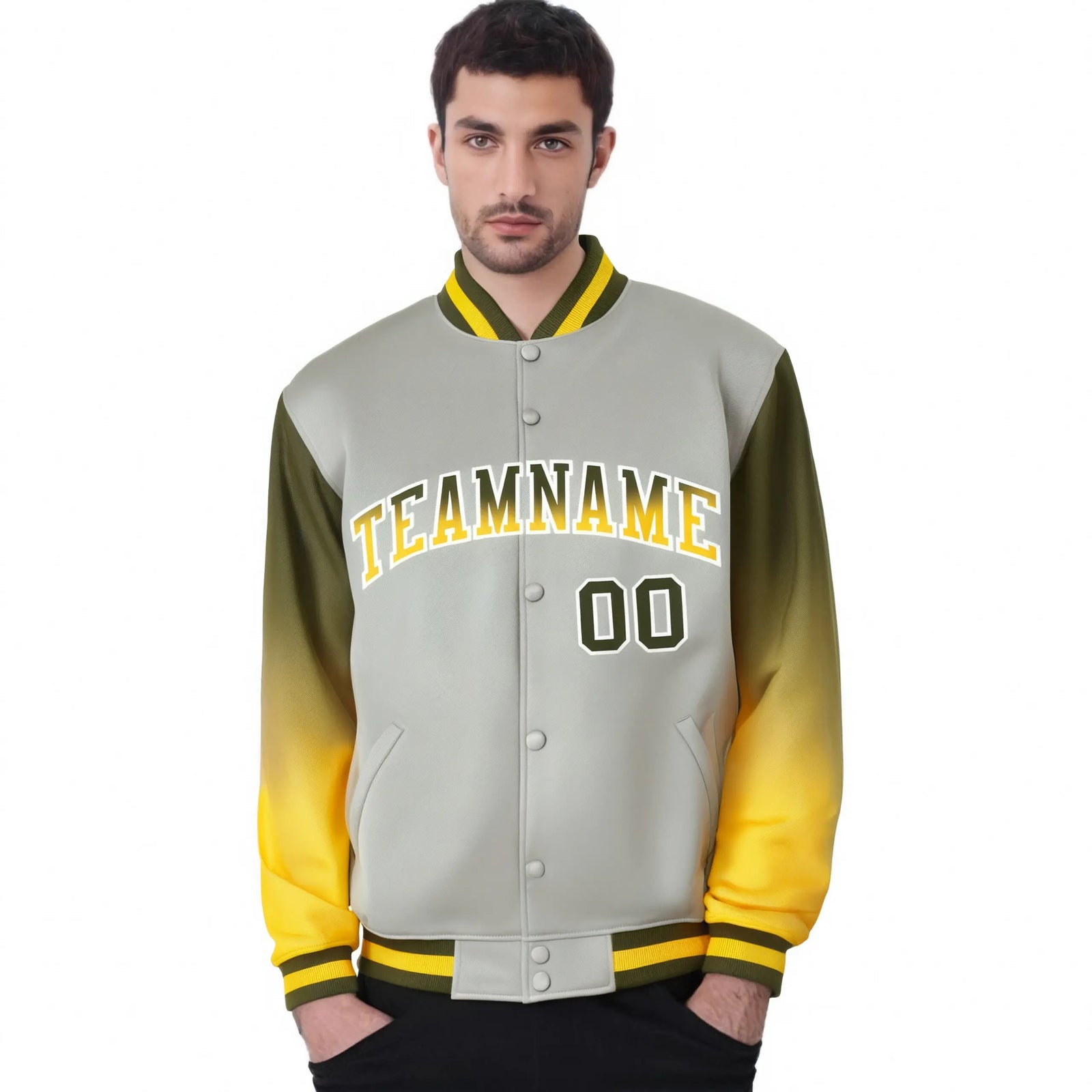 Custom Gray Olive-Gold Varsity Full-Snap Sleeve Gradient Fashion Letterman Baseball Jacket