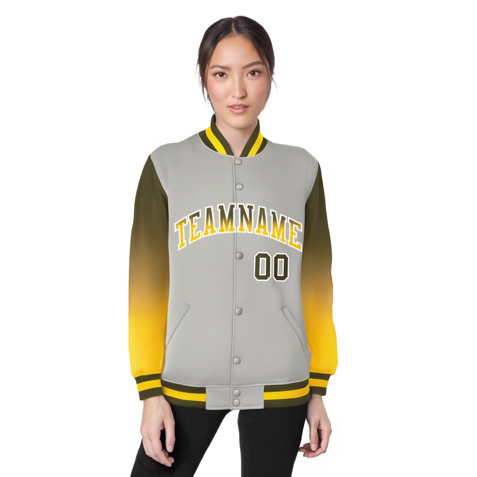 Custom Gray Olive-Gold Varsity Full-Snap Sleeve Gradient Fashion Letterman Baseball Jacket