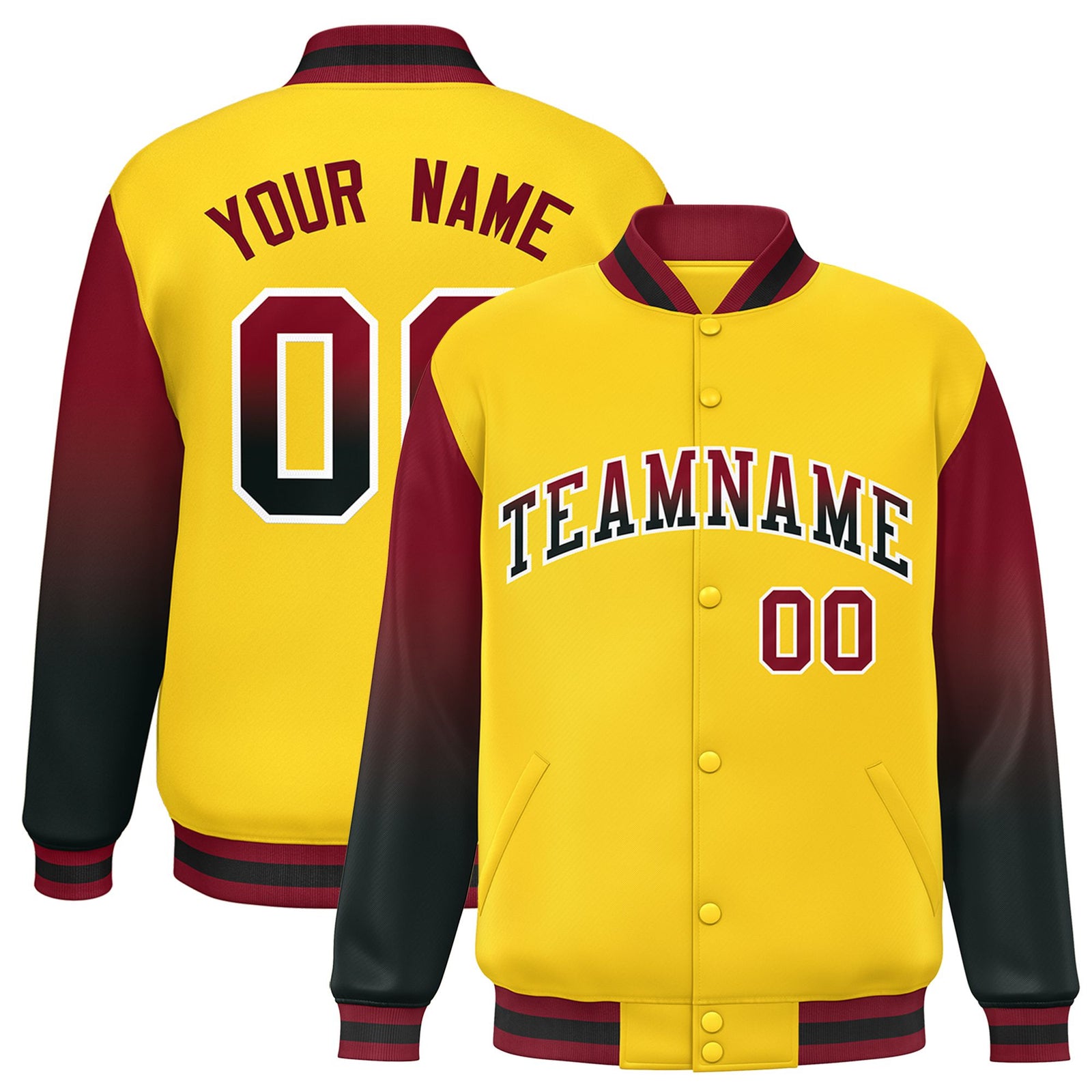 Custom Gold Crimson-Dark Gray Varsity Full-Snap Sleeve Gradient Fashion Letterman Baseball Jacket
