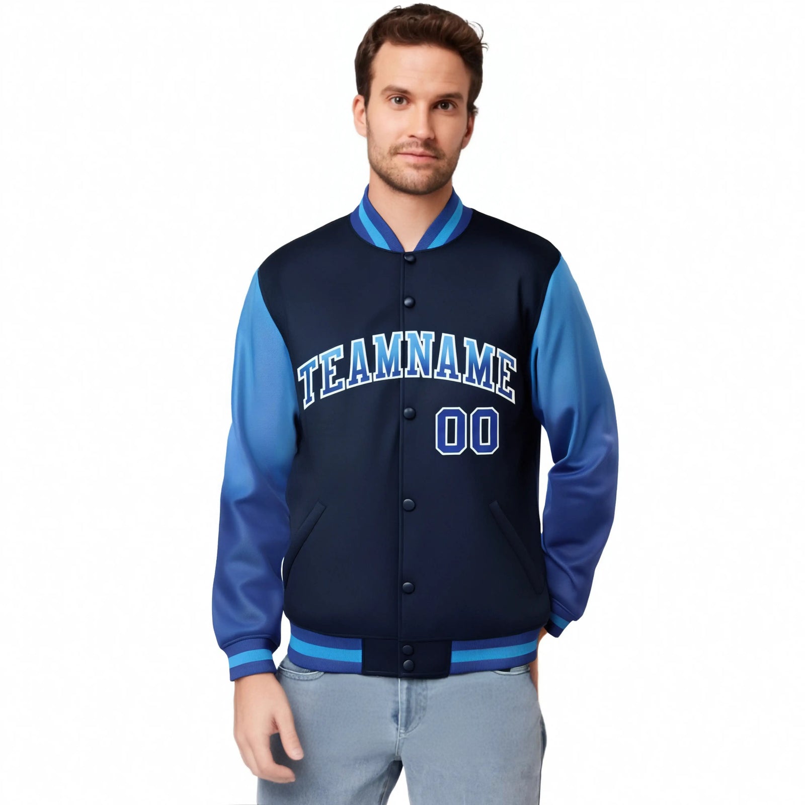 Custom Navy Light Blue-Royal Blue Varsity Full-Snap Sleeve Gradient Fashion Letterman Baseball Jacket