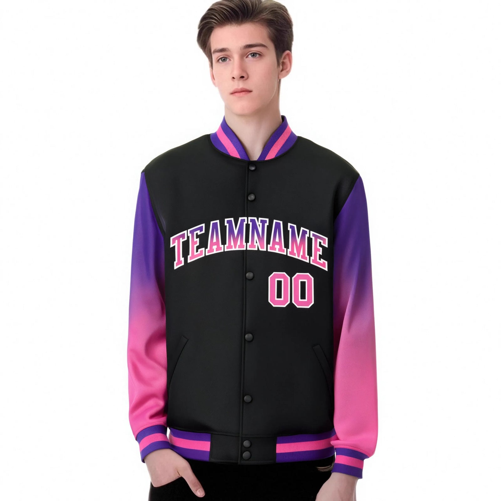 Custom Black Purple-Pink Varsity Full-Snap Sleeve Gradient Fashion Letterman Baseball Jacket