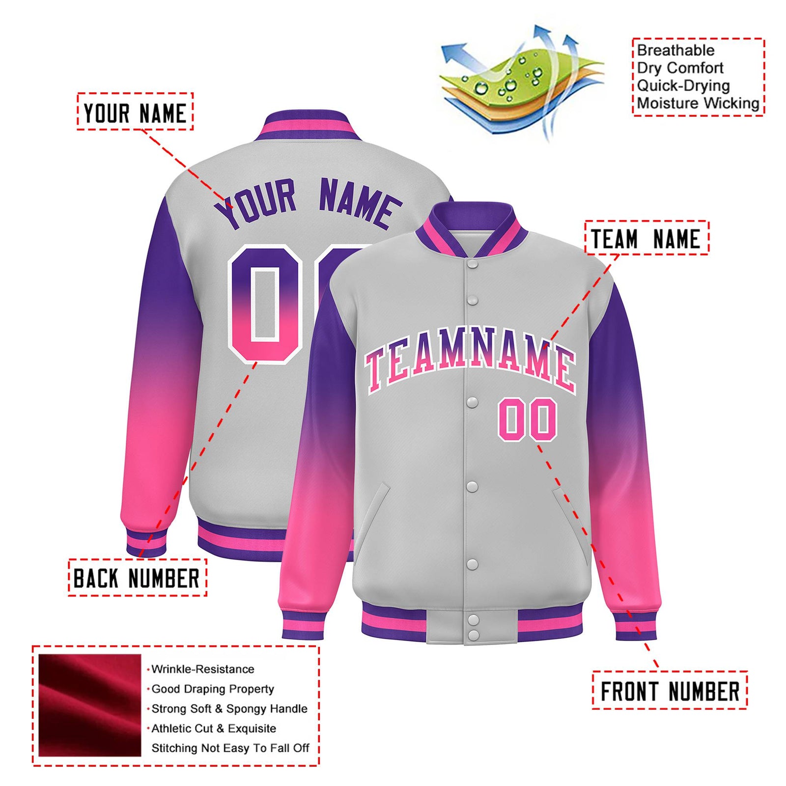 Custom Gray Purple-Pink Varsity Full-Snap Sleeve Gradient Fashion Letterman Baseball Jacket