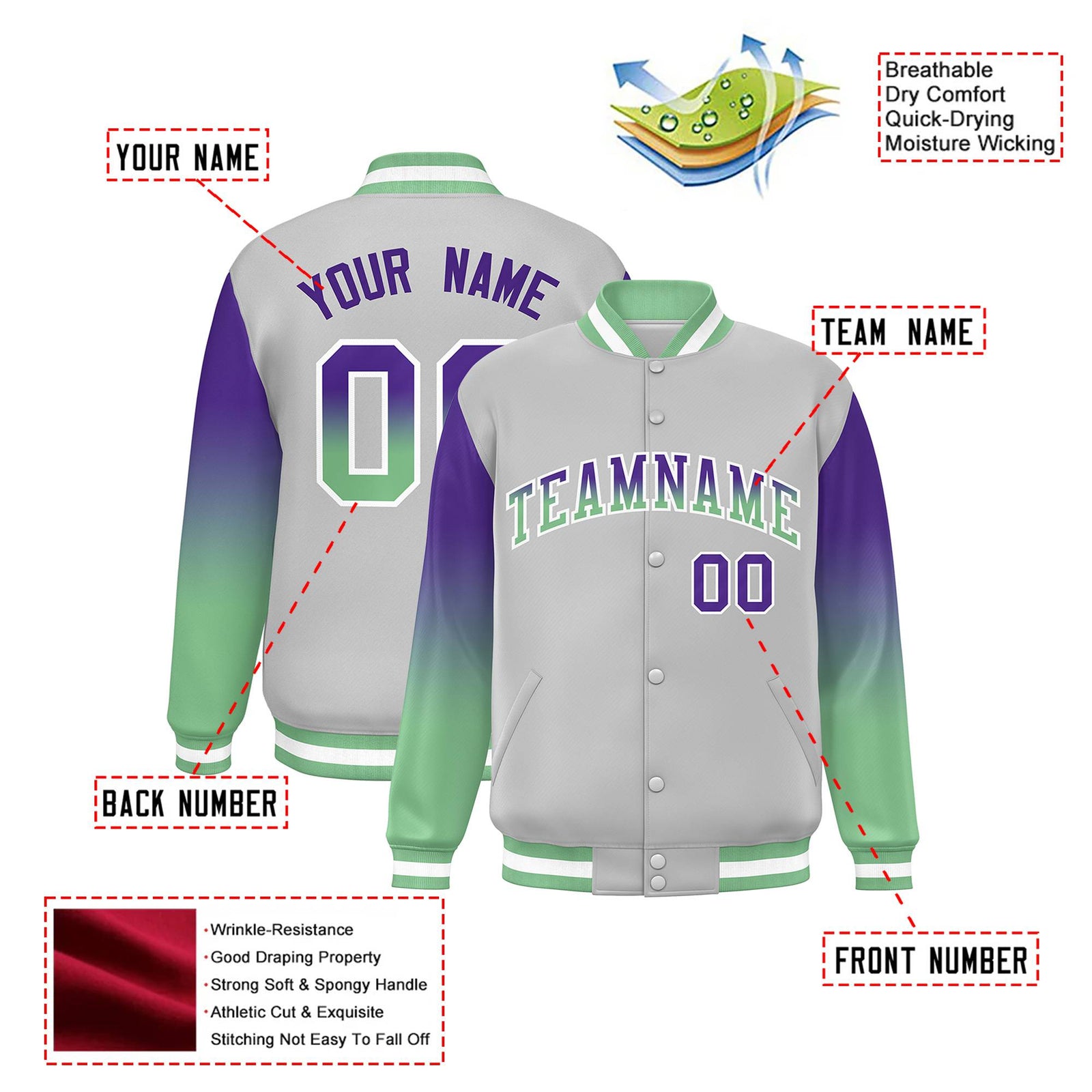 Custom Gray Purple-Bright Green Varsity Full-Snap Sleeve Gradient Fashion Letterman Baseball Jacket