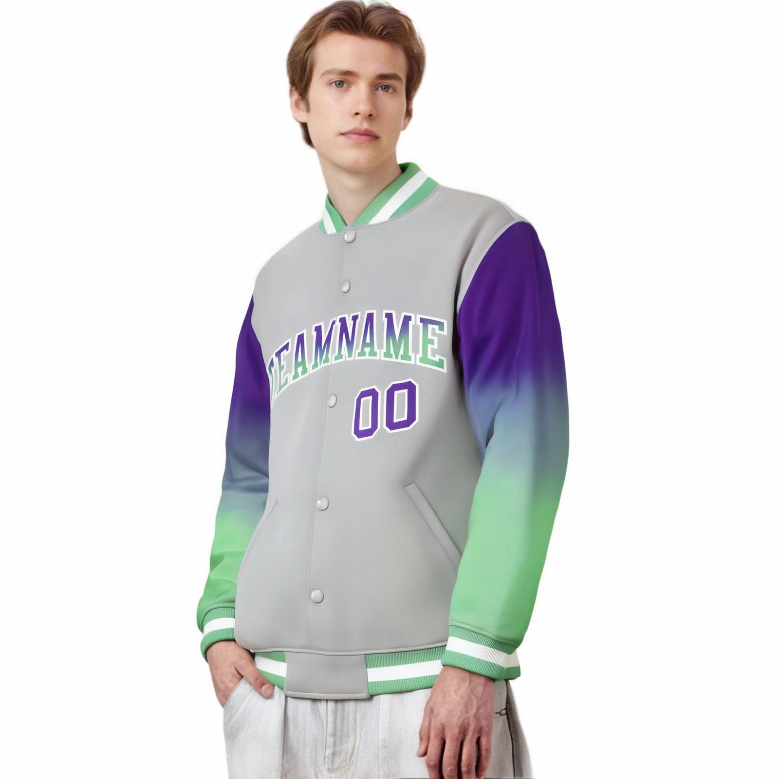 Custom Gray Purple-Bright Green Varsity Full-Snap Sleeve Gradient Fashion Letterman Baseball Jacket