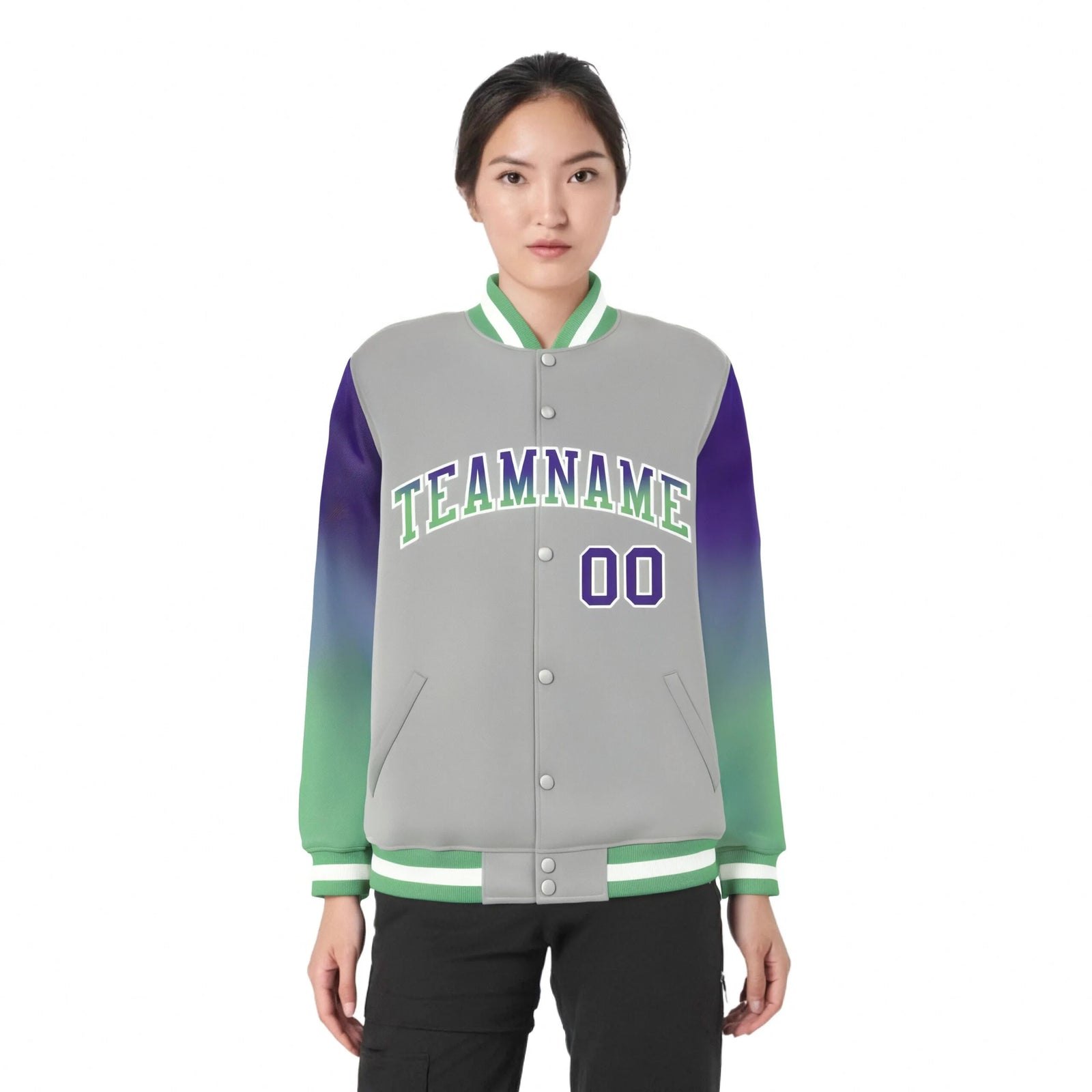 Custom Gray Purple-Bright Green Varsity Full-Snap Sleeve Gradient Fashion Letterman Baseball Jacket
