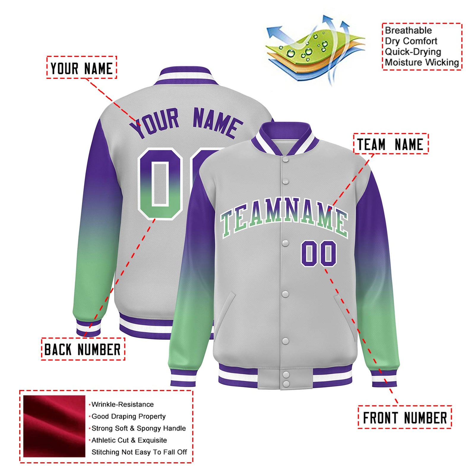 Custom Gray Purple-Bright Green Varsity Full-Snap Sleeve Gradient Fashion Letterman Baseball Jacket