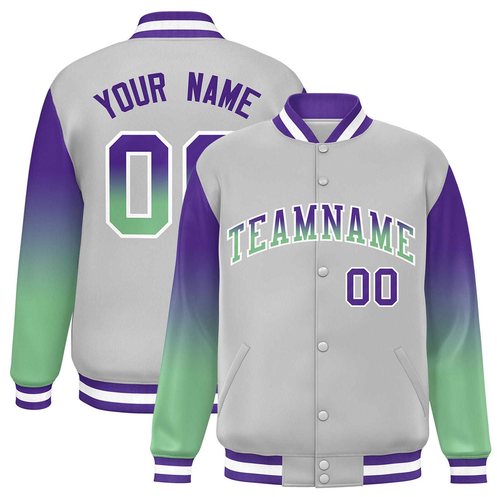 Custom Gray Purple-Bright Green Varsity Full-Snap Sleeve Gradient Fashion Letterman Baseball Jacket