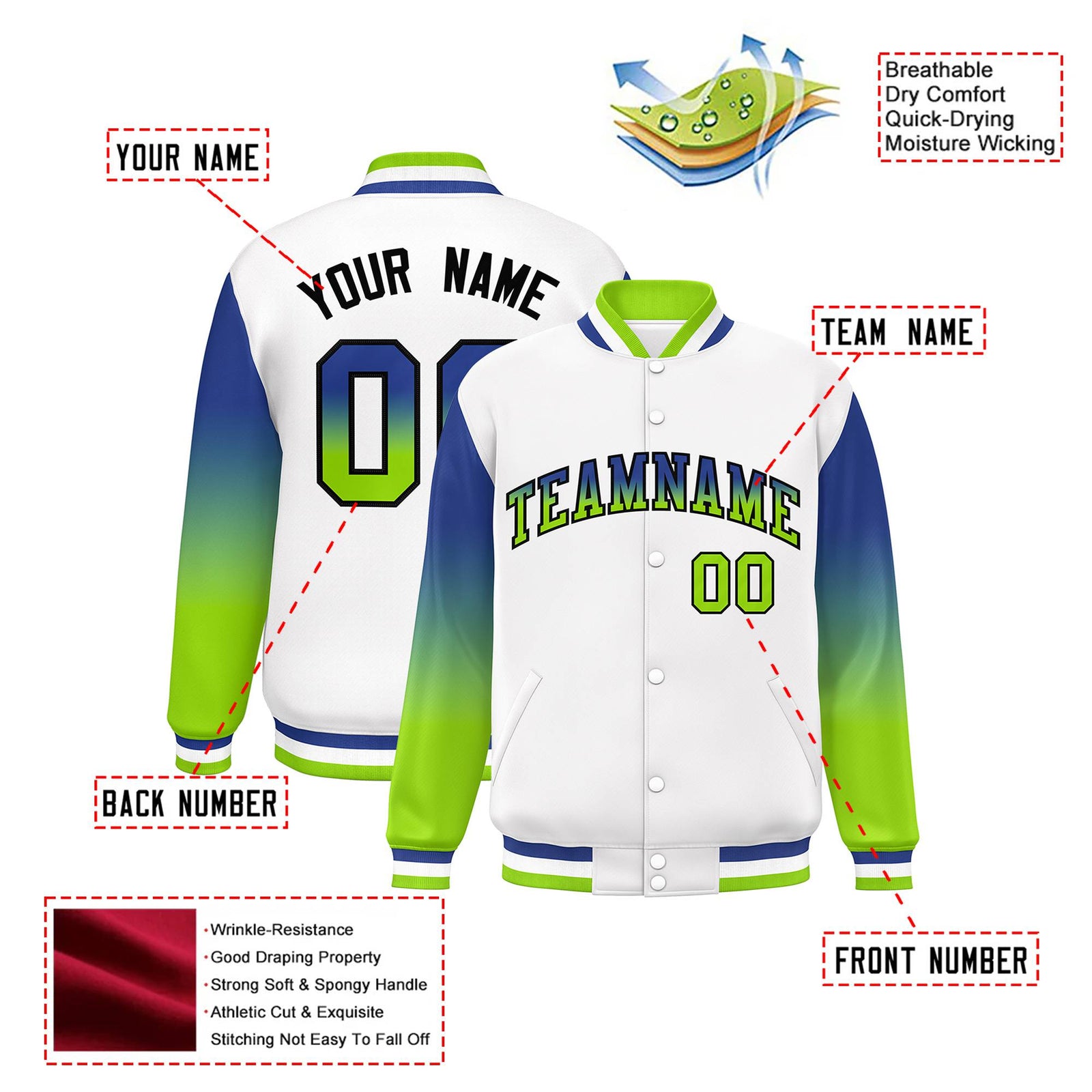 Custom White Royal Blue-Neon Green Varsity Full-Snap Sleeve Gradient Fashion Letterman Baseball Jacket