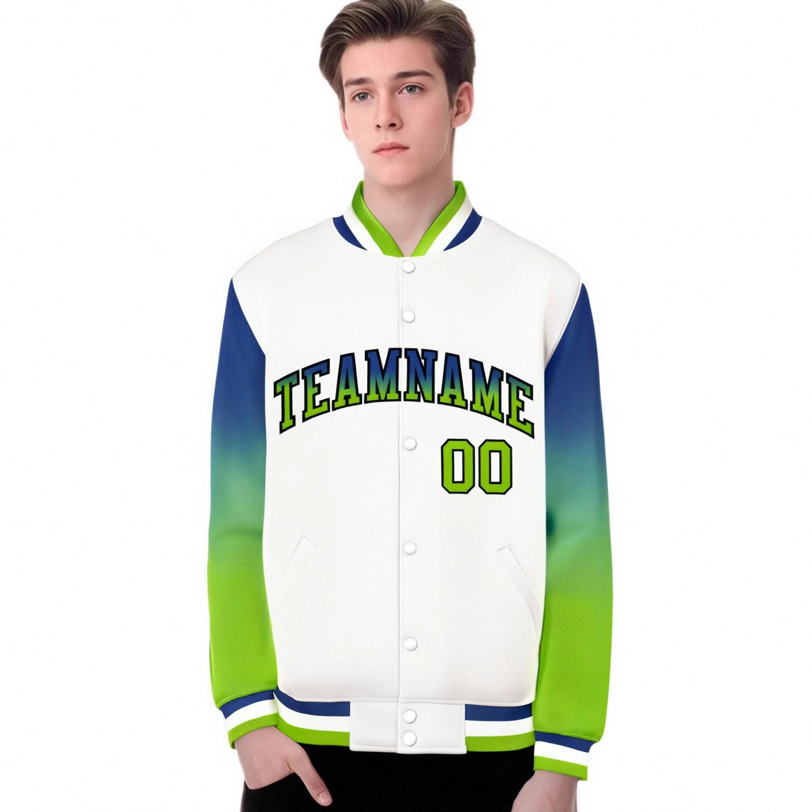 Custom White Royal Blue-Neon Green Varsity Full-Snap Sleeve Gradient Fashion Letterman Baseball Jacket