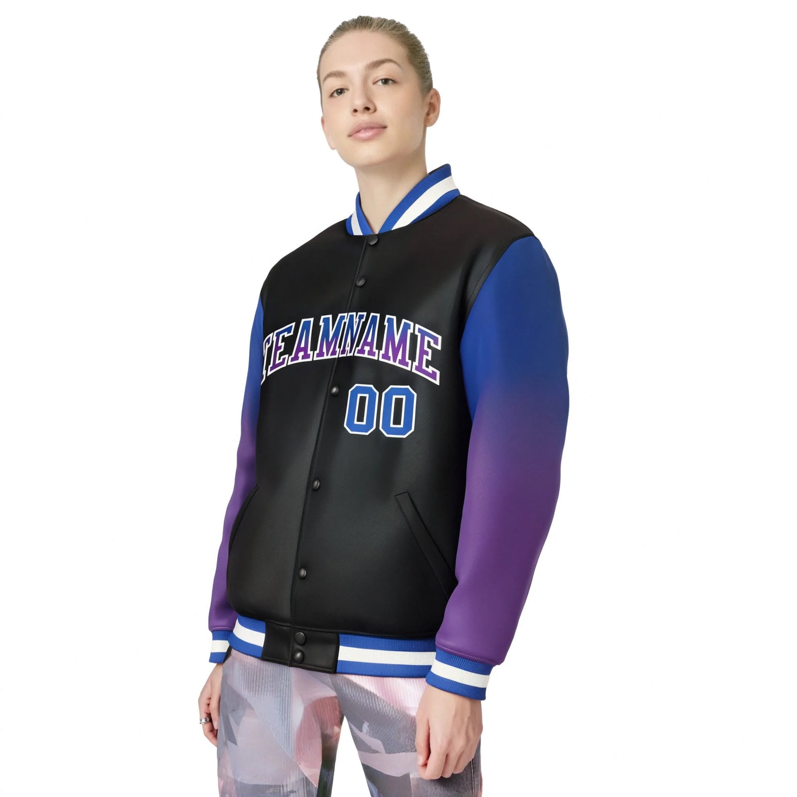 Custom Black Royal Blue-Purple Varsity Full-Snap Sleeve Gradient Fashion Letterman Baseball Jacket