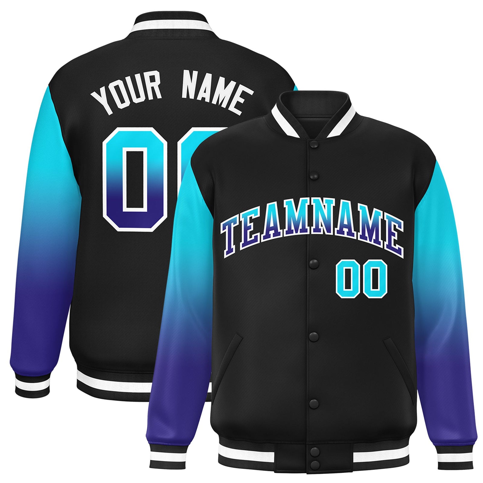 Custom Black Sky Blue-Purple Varsity Full-Snap Sleeve Gradient Fashion Letterman Baseball Jacket
