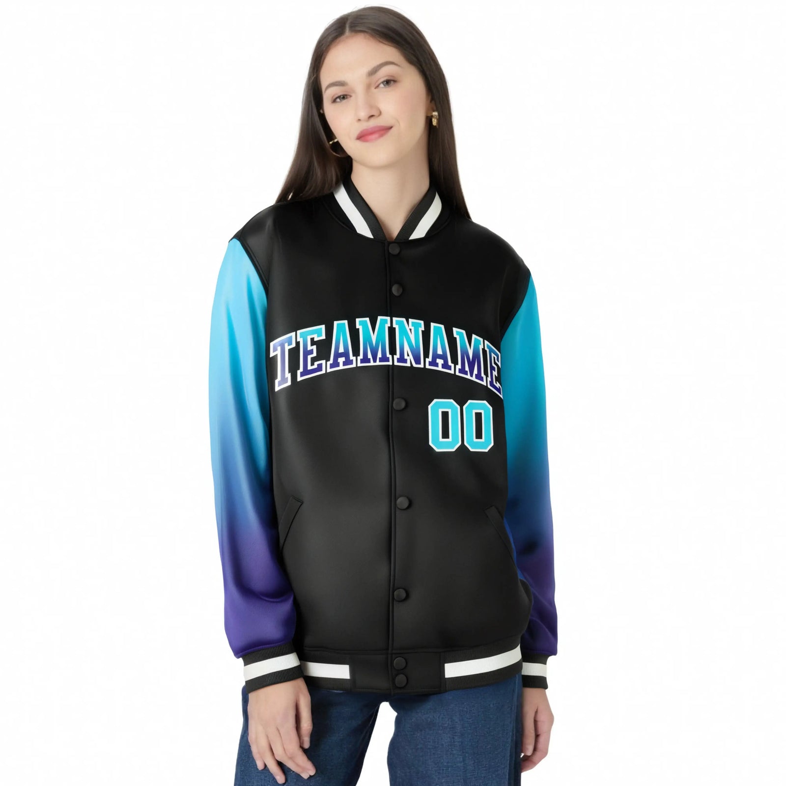 Custom Black Sky Blue-Purple Varsity Full-Snap Sleeve Gradient Fashion Letterman Baseball Jacket