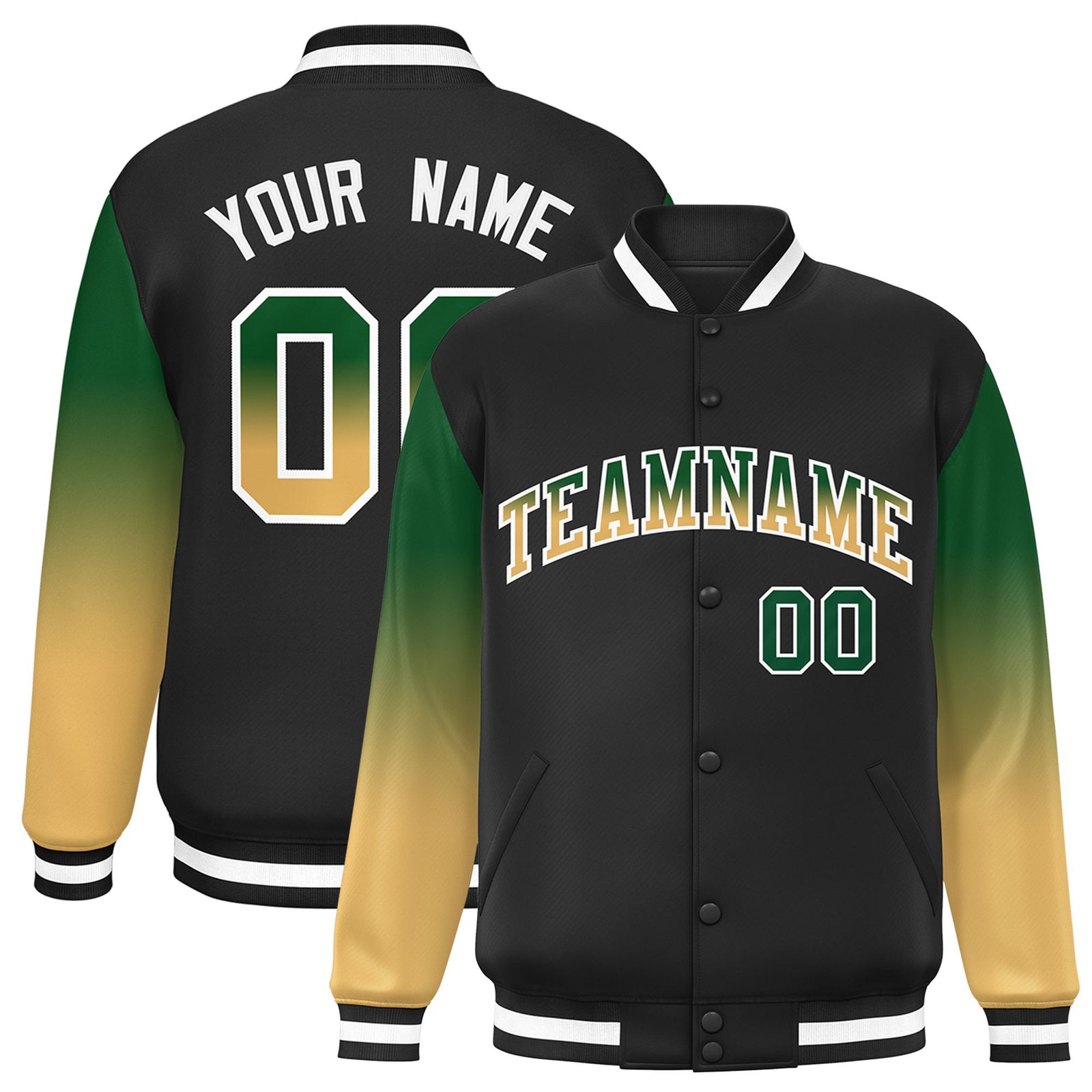 Custom Black Green-Khaki Varsity Full-Snap Sleeve Gradient Fashion Letterman Baseball Jacket