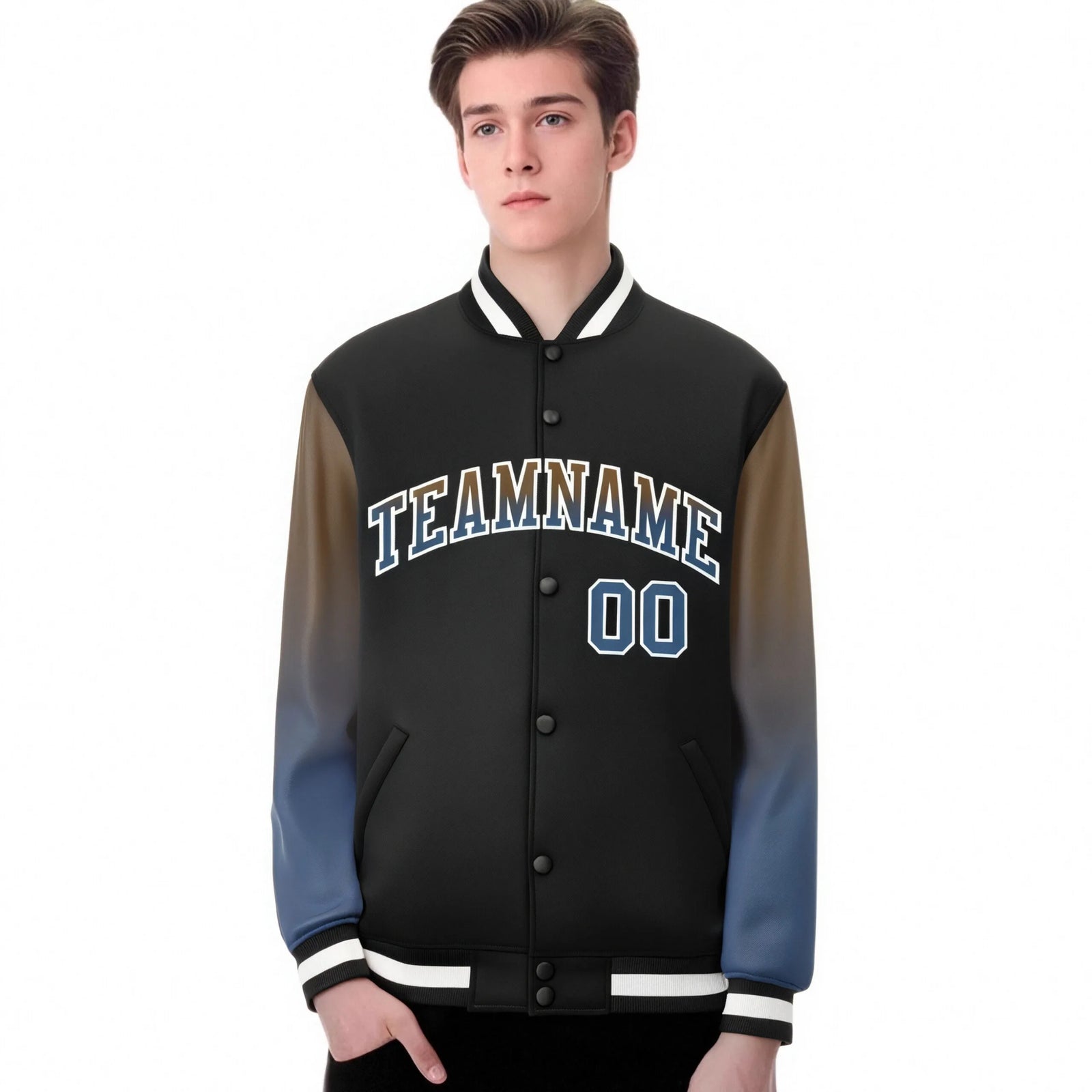 Custom Black Light Brown-Midnight Blue Varsity Full-Snap Sleeve Gradient Fashion Letterman Baseball Jacket