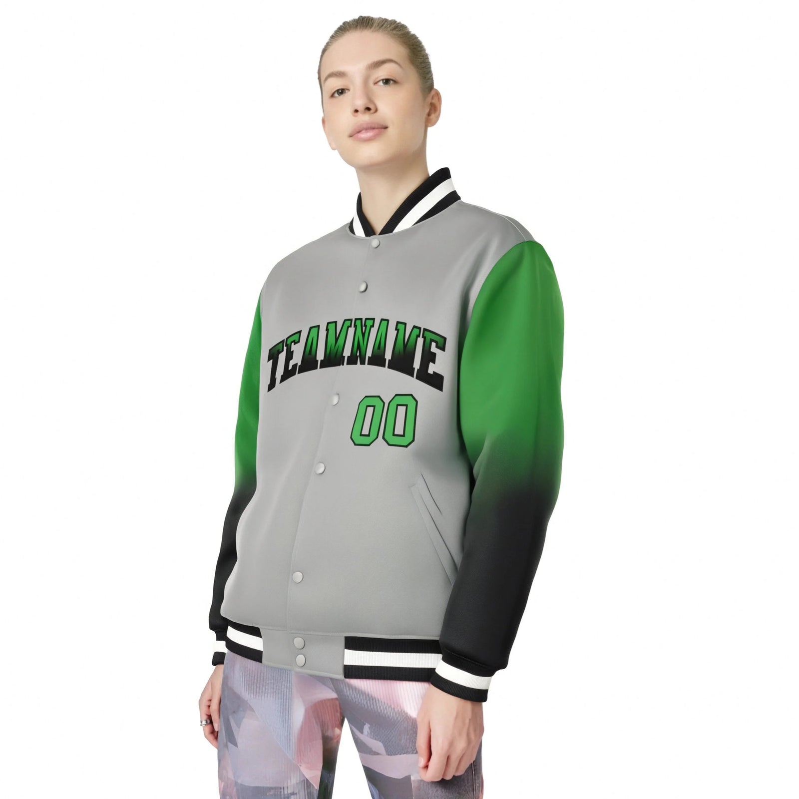Custom Gray Kelly Green-Dark Gray Varsity Full-Snap Sleeve Gradient Fashion Letterman Baseball Jacket