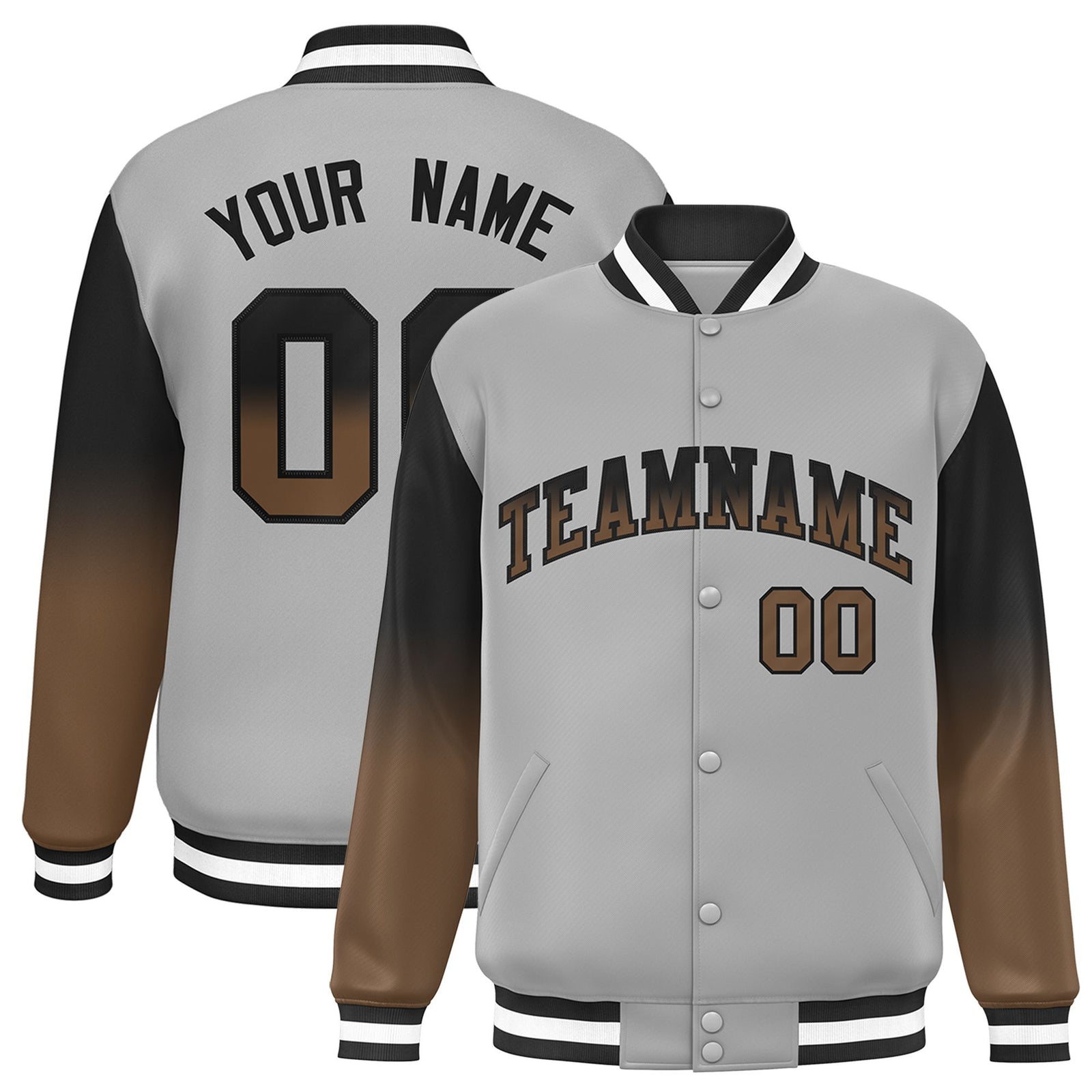 Custom Gray Brown-Light Brown Varsity Full-Snap Sleeve Gradient Fashion Letterman Baseball Jacket