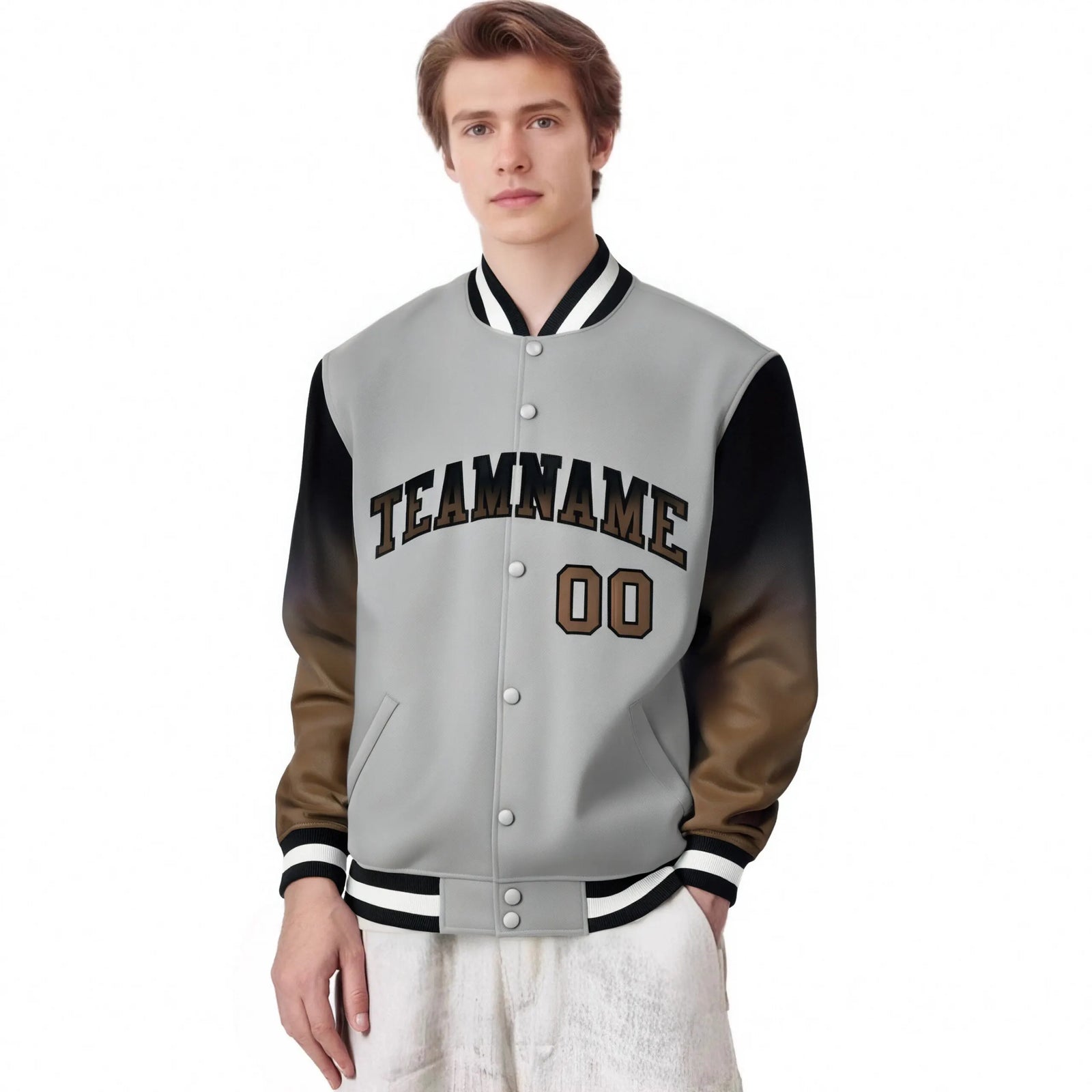 Custom Gray Brown-Light Brown Varsity Full-Snap Sleeve Gradient Fashion Letterman Baseball Jacket