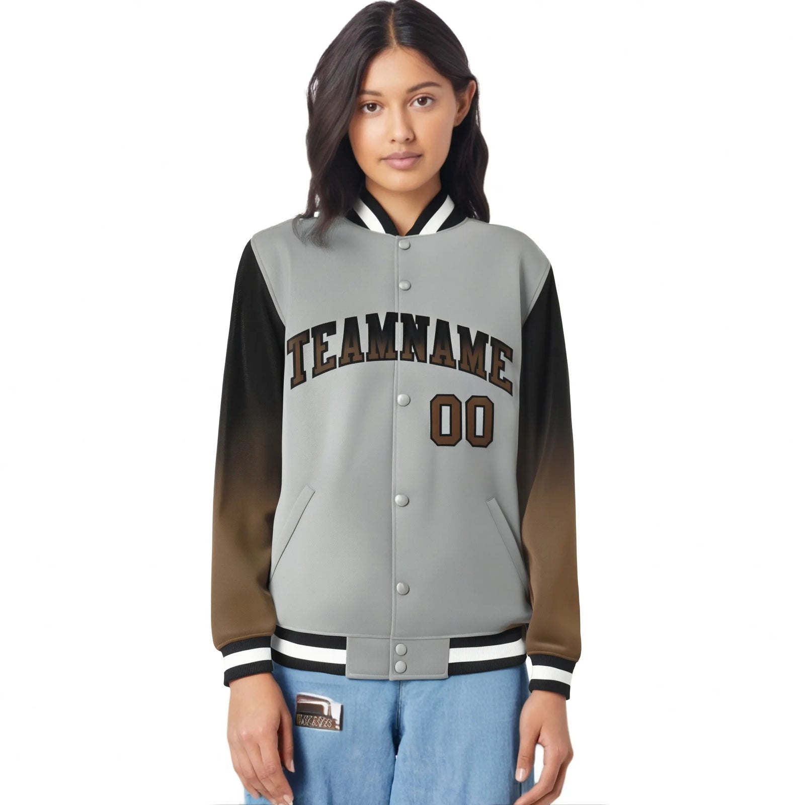 Custom Gray Brown-Light Brown Varsity Full-Snap Sleeve Gradient Fashion Letterman Baseball Jacket