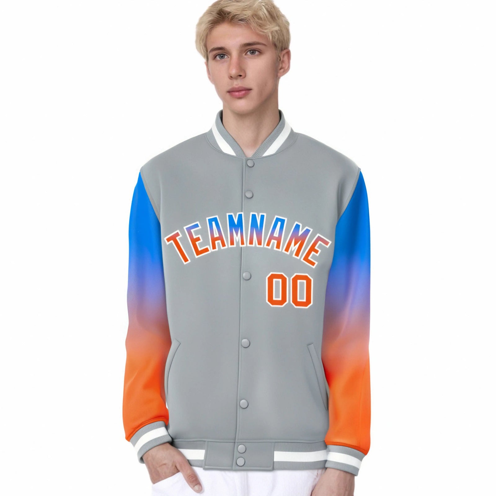 Custom Gray Powder Blue-Orange Varsity Full-Snap Sleeve Gradient Fashion Letterman Baseball Jacket