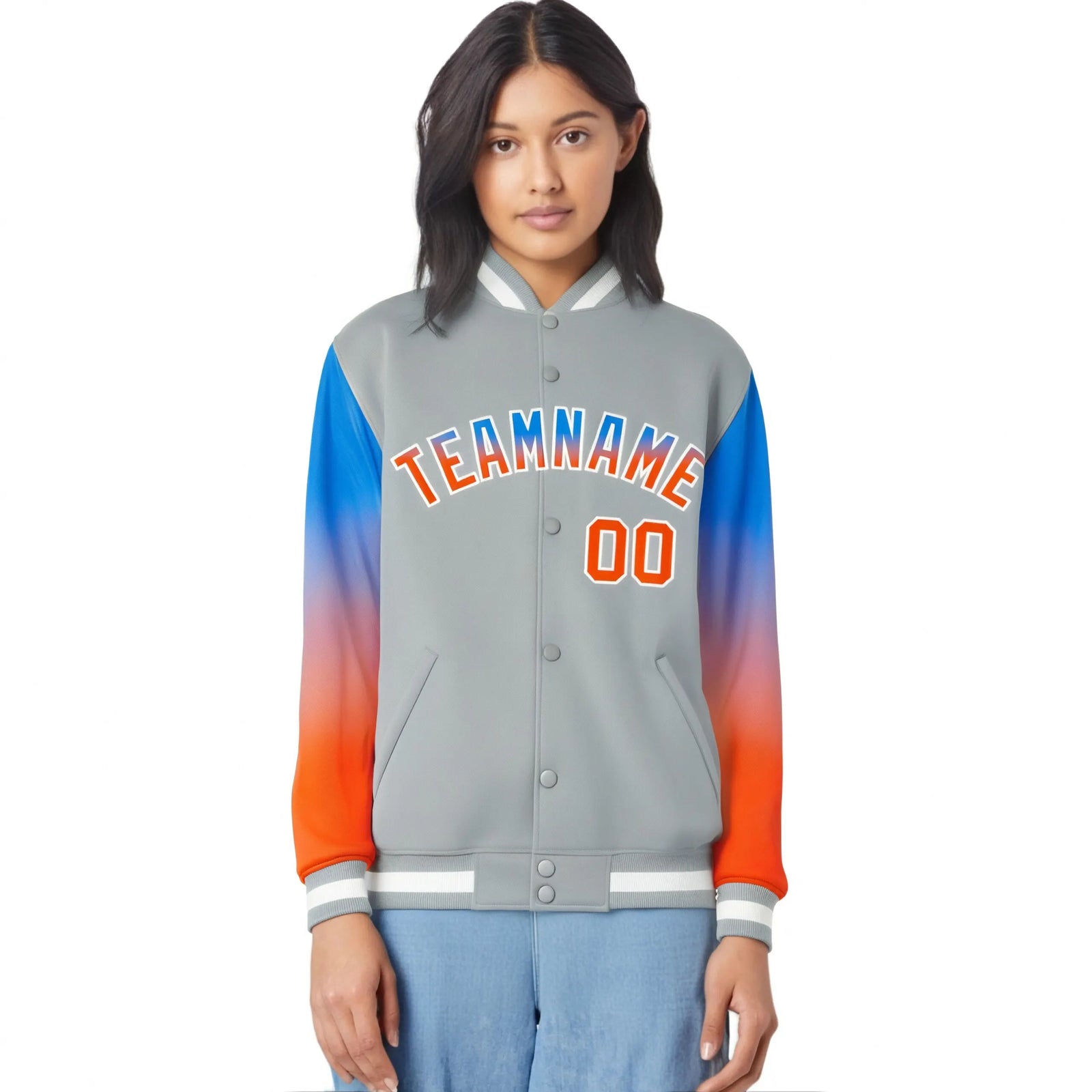 Custom Gray Powder Blue-Orange Varsity Full-Snap Sleeve Gradient Fashion Letterman Baseball Jacket