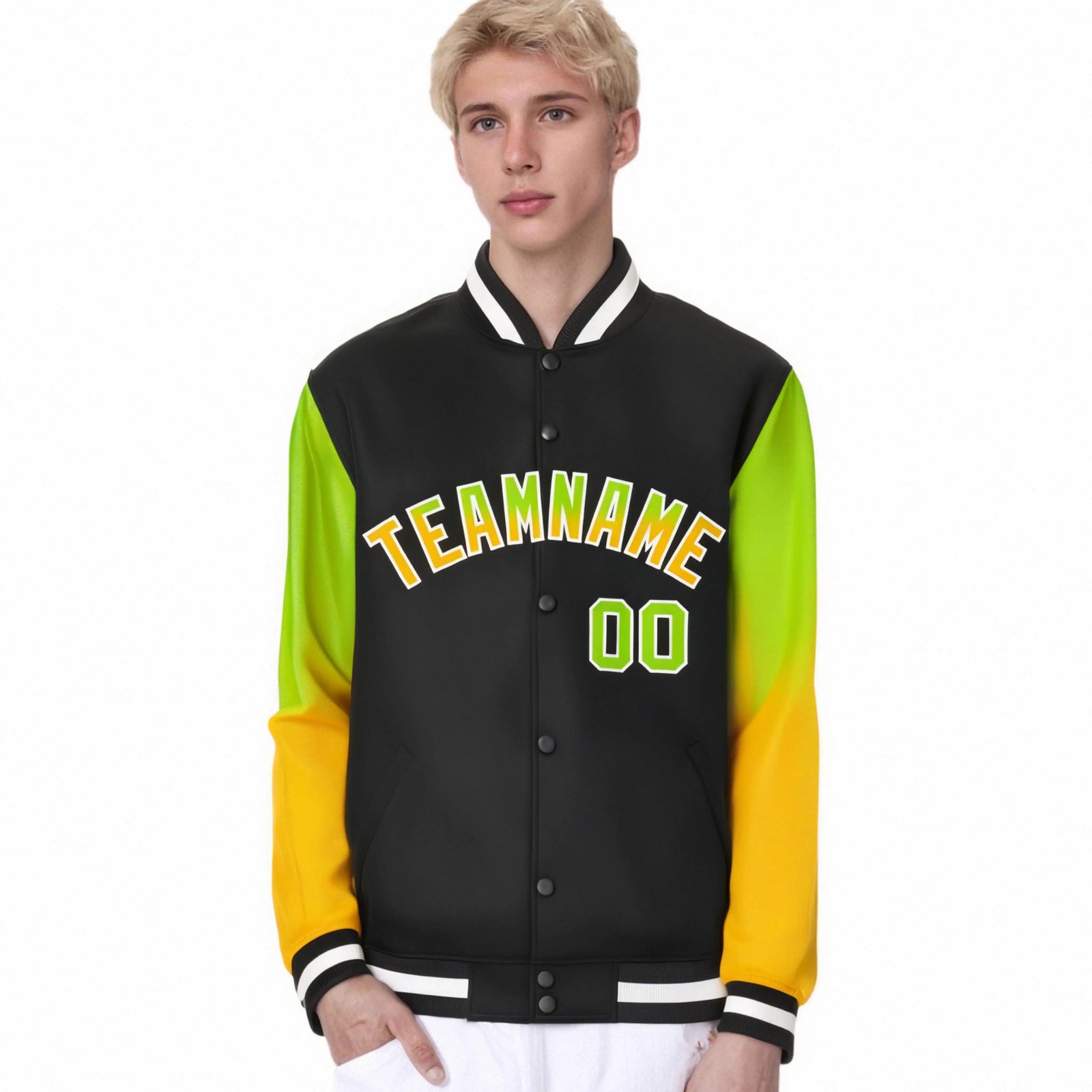 Custom Black Neon Green-Yellow Varsity Full-Snap Sleeve Gradient Fashion Letterman Baseball Jacket
