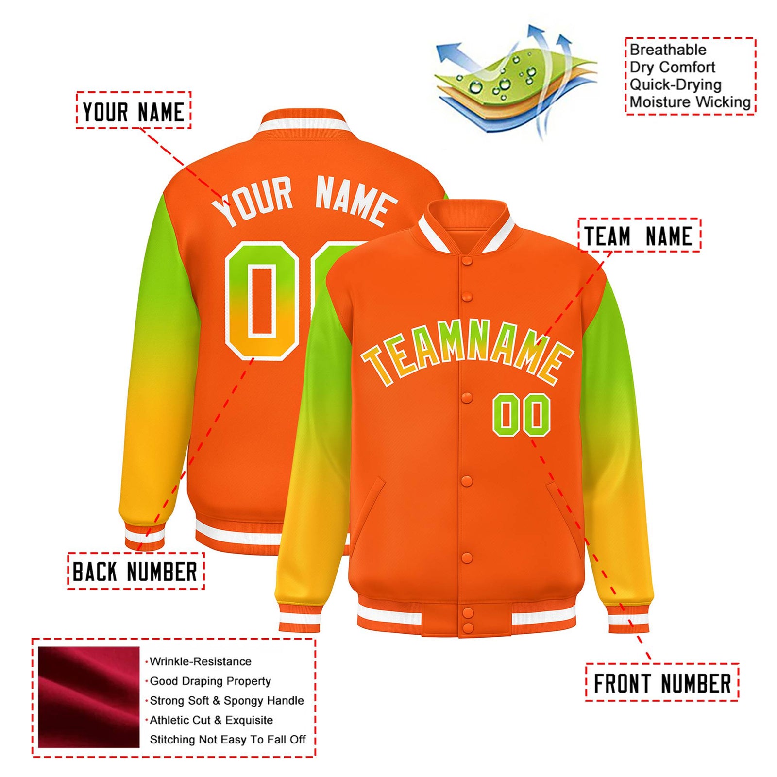 Custom Orange Neon Green-Yellow Varsity Full-Snap Sleeve Gradient Fashion Letterman Baseball Jacket