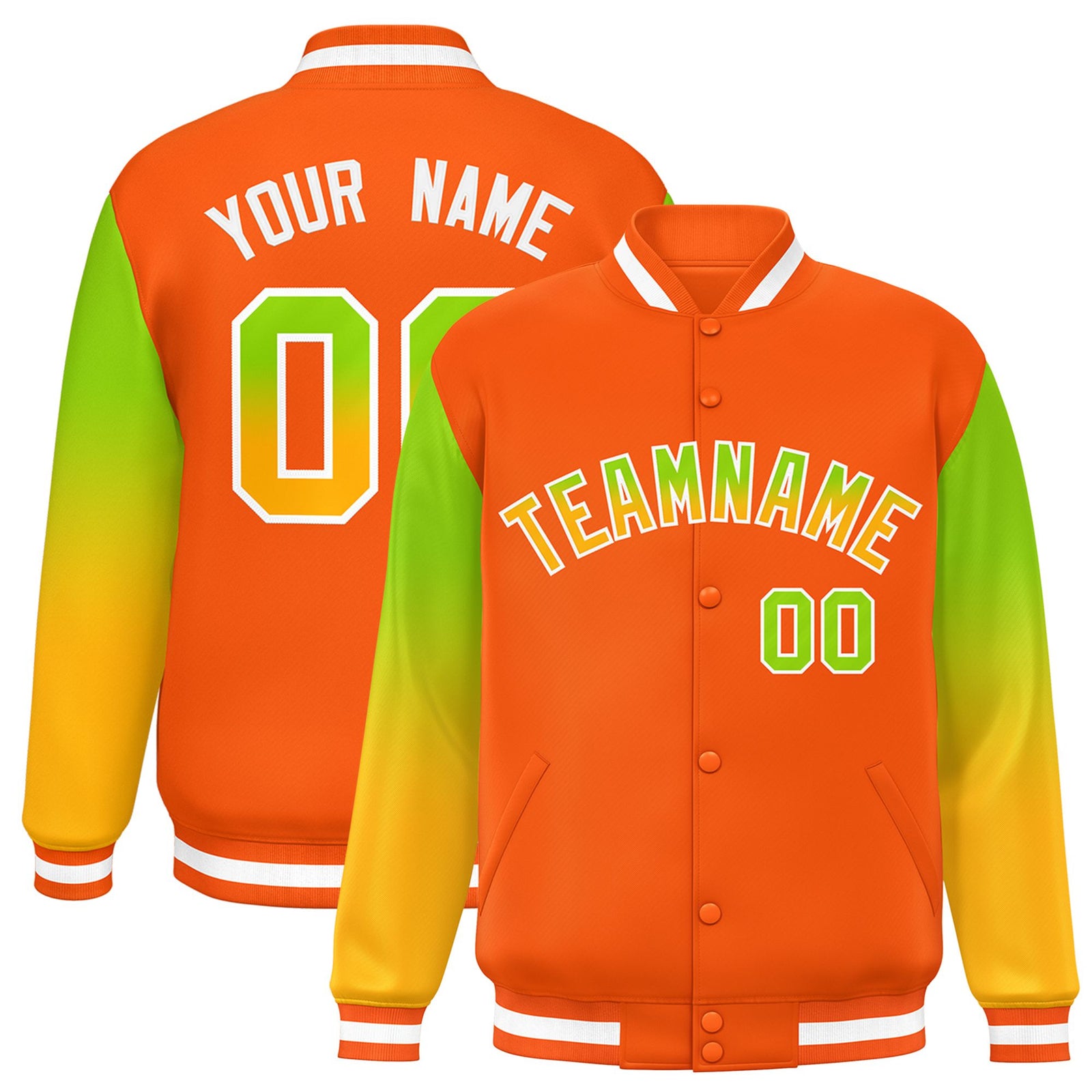 Custom Orange Neon Green-Yellow Varsity Full-Snap Sleeve Gradient Fashion Letterman Baseball Jacket