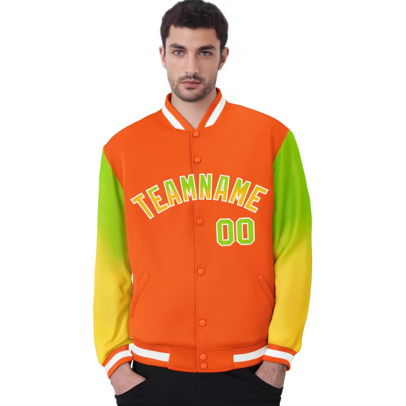 Custom Orange Neon Green-Yellow Varsity Full-Snap Sleeve Gradient Fashion Letterman Baseball Jacket