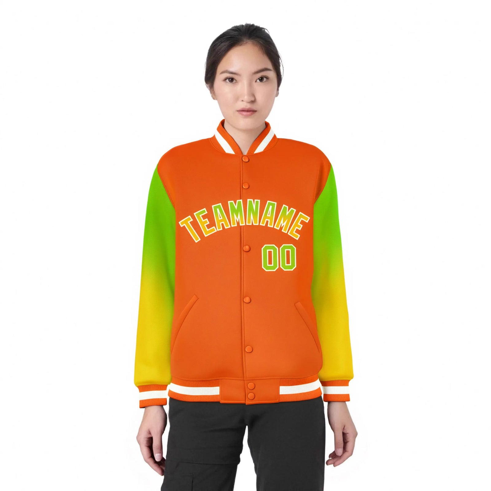 Custom Orange Neon Green-Yellow Varsity Full-Snap Sleeve Gradient Fashion Letterman Baseball Jacket