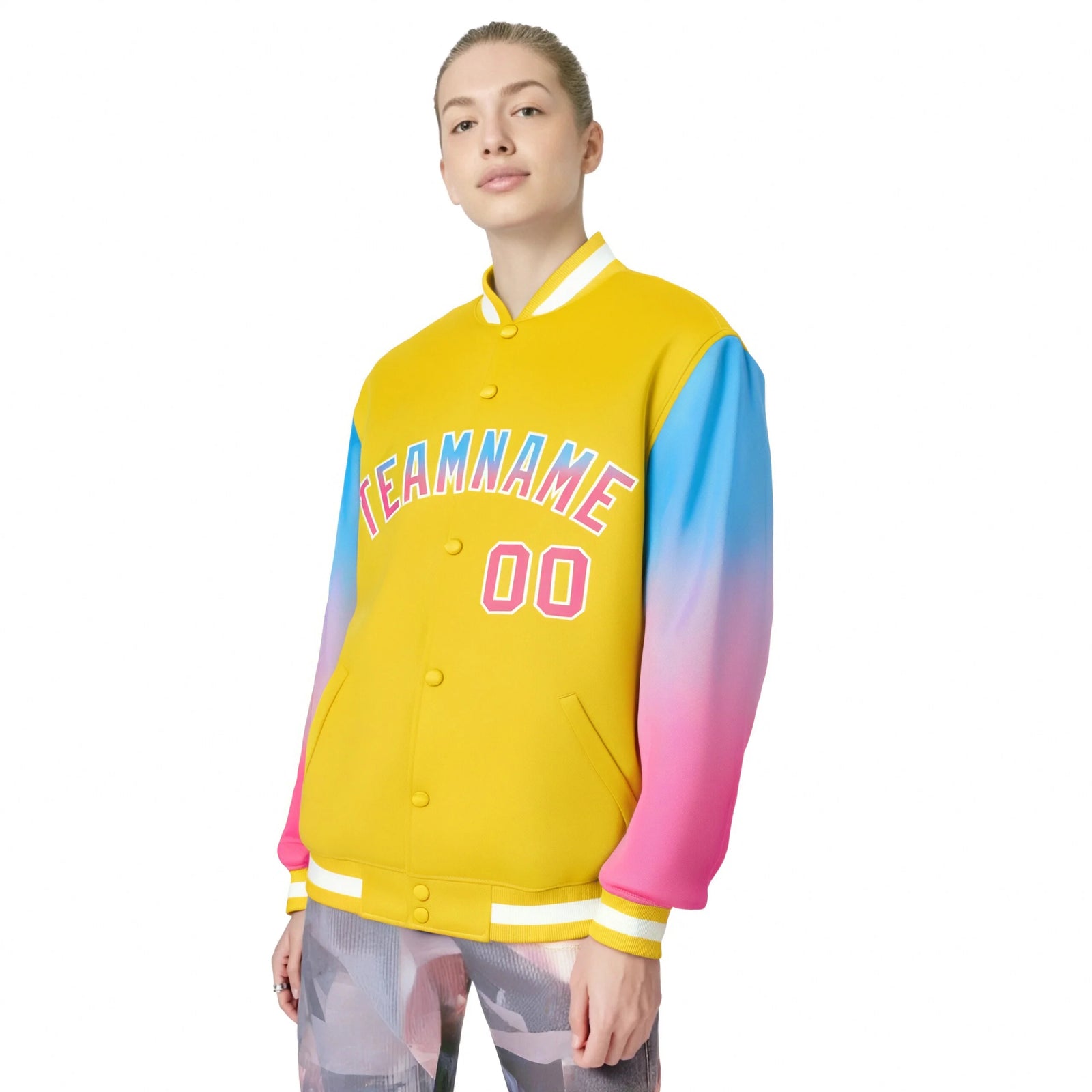 Custom Gold Powder Blue-Pink Varsity Full-Snap Sleeve Gradient Fashion Letterman Baseball Jacket
