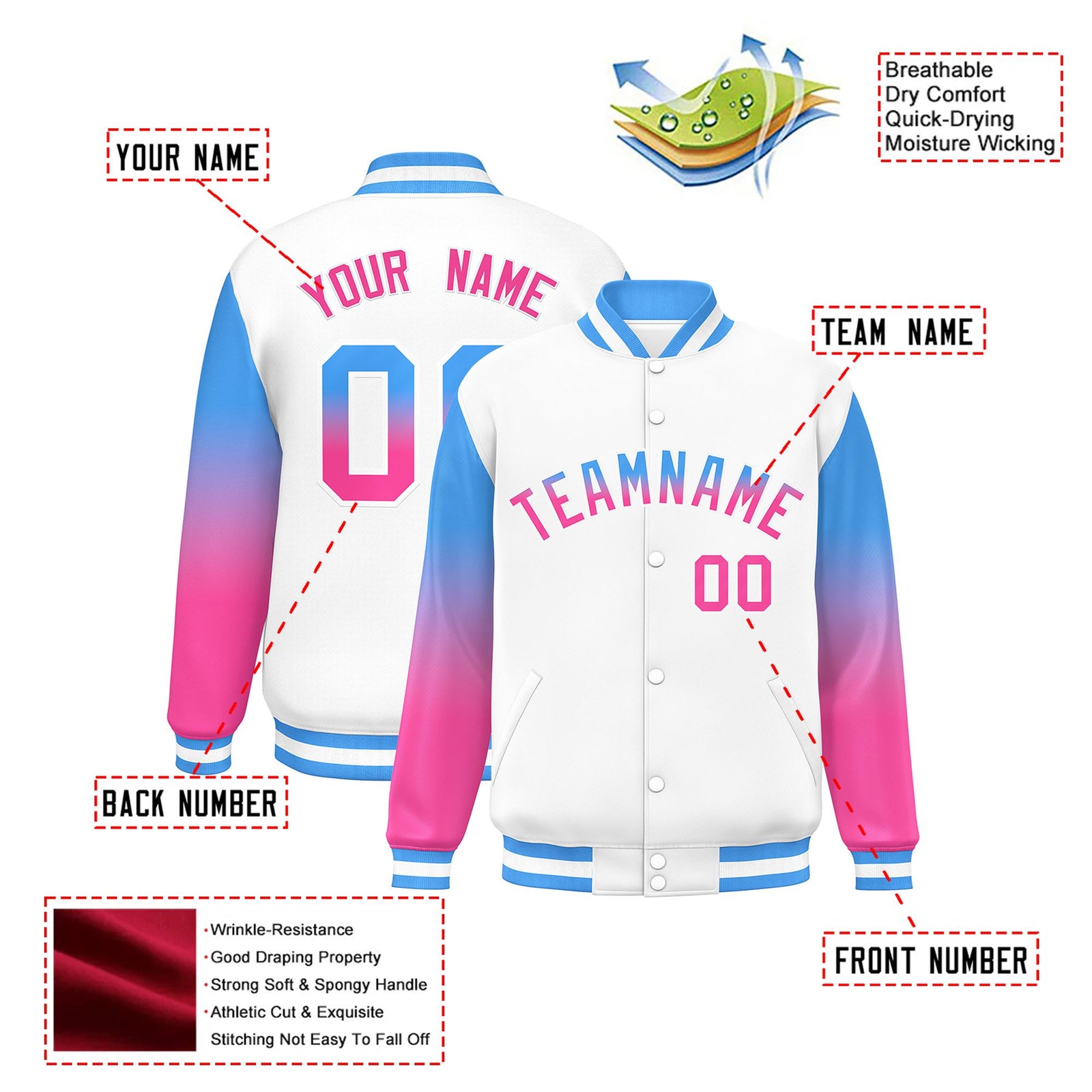 Custom White Powder Blue-Pink Varsity Full-Snap Sleeve Gradient Fashion Letterman Baseball Jacket