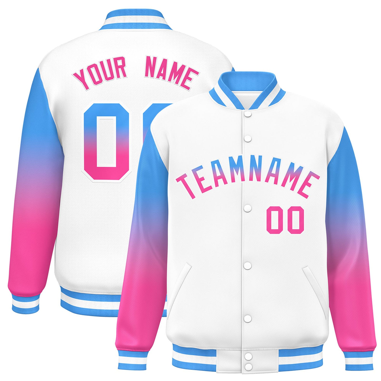 Custom White Powder Blue-Pink Varsity Full-Snap Sleeve Gradient Fashion Letterman Baseball Jacket