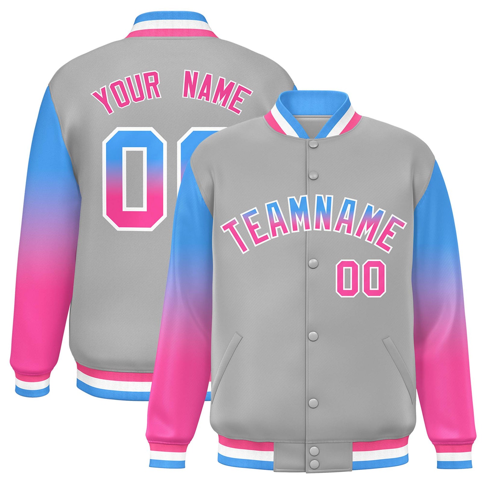 Custom Gray Powder Blue-Pink Varsity Full-Snap Sleeve Gradient Fashion Letterman Baseball Jacket