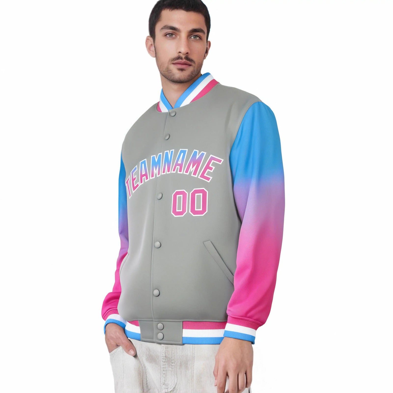 Custom Gray Powder Blue-Pink Varsity Full-Snap Sleeve Gradient Fashion Letterman Baseball Jacket