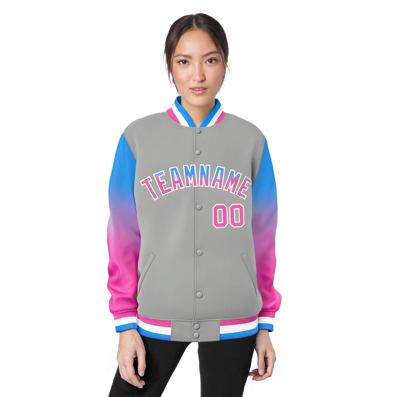 Custom Gray Powder Blue-Pink Varsity Full-Snap Sleeve Gradient Fashion Letterman Baseball Jacket