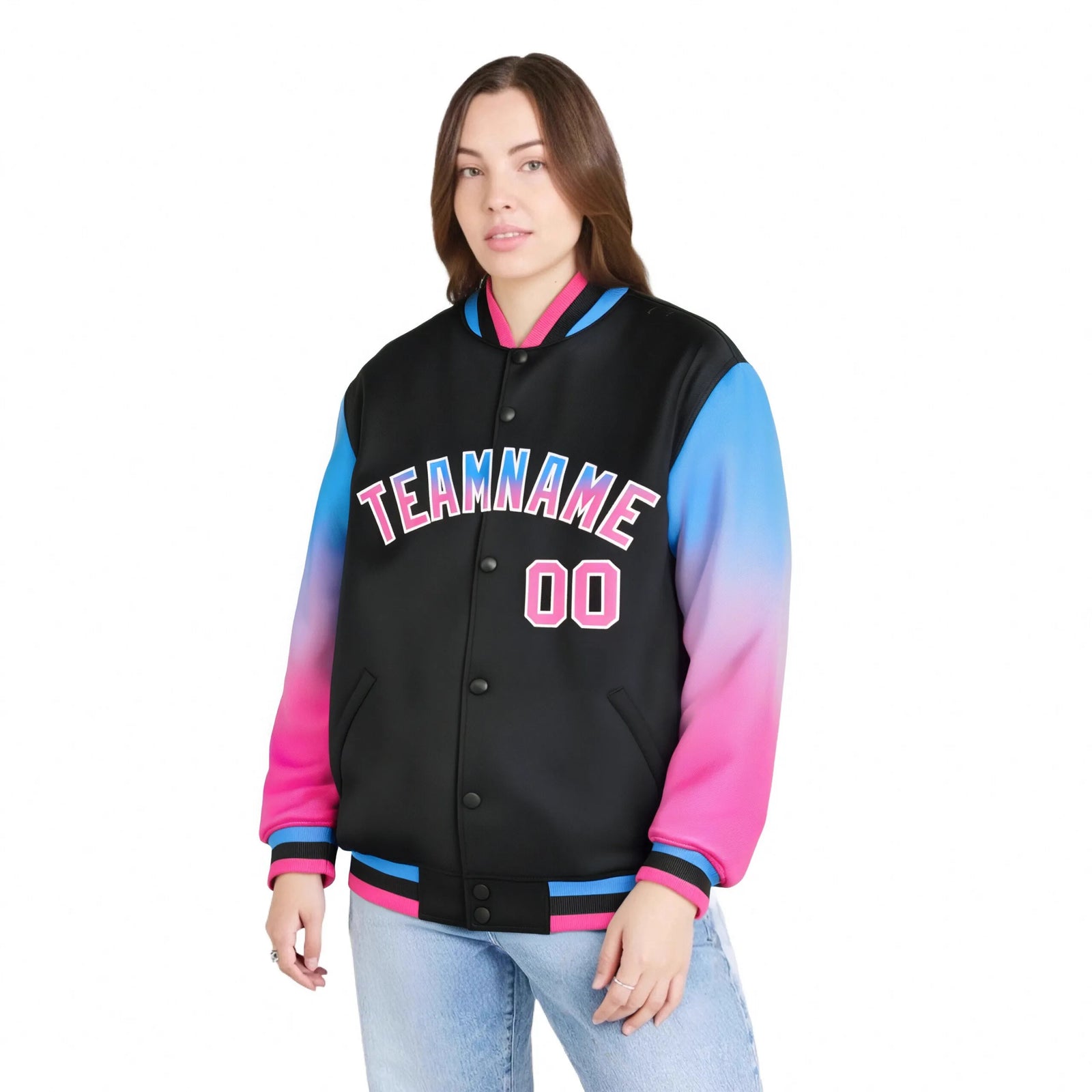 Custom Black Powder Blue-Pink Varsity Full-Snap Sleeve Gradient Fashion Letterman Baseball Jacket
