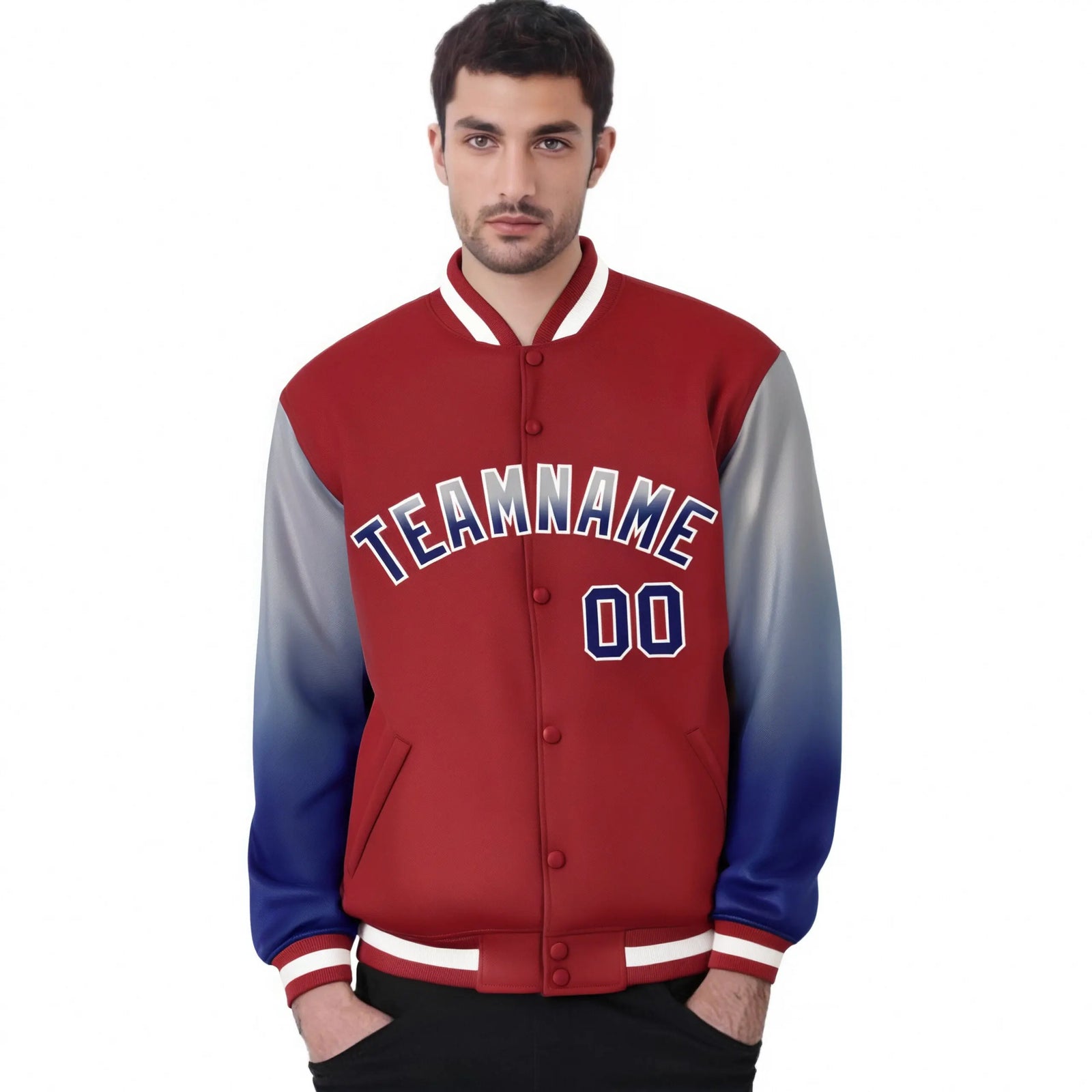 Custom Red Gray-Royal Blue Varsity Full-Snap Sleeve Gradient Fashion Letterman Baseball Jacket