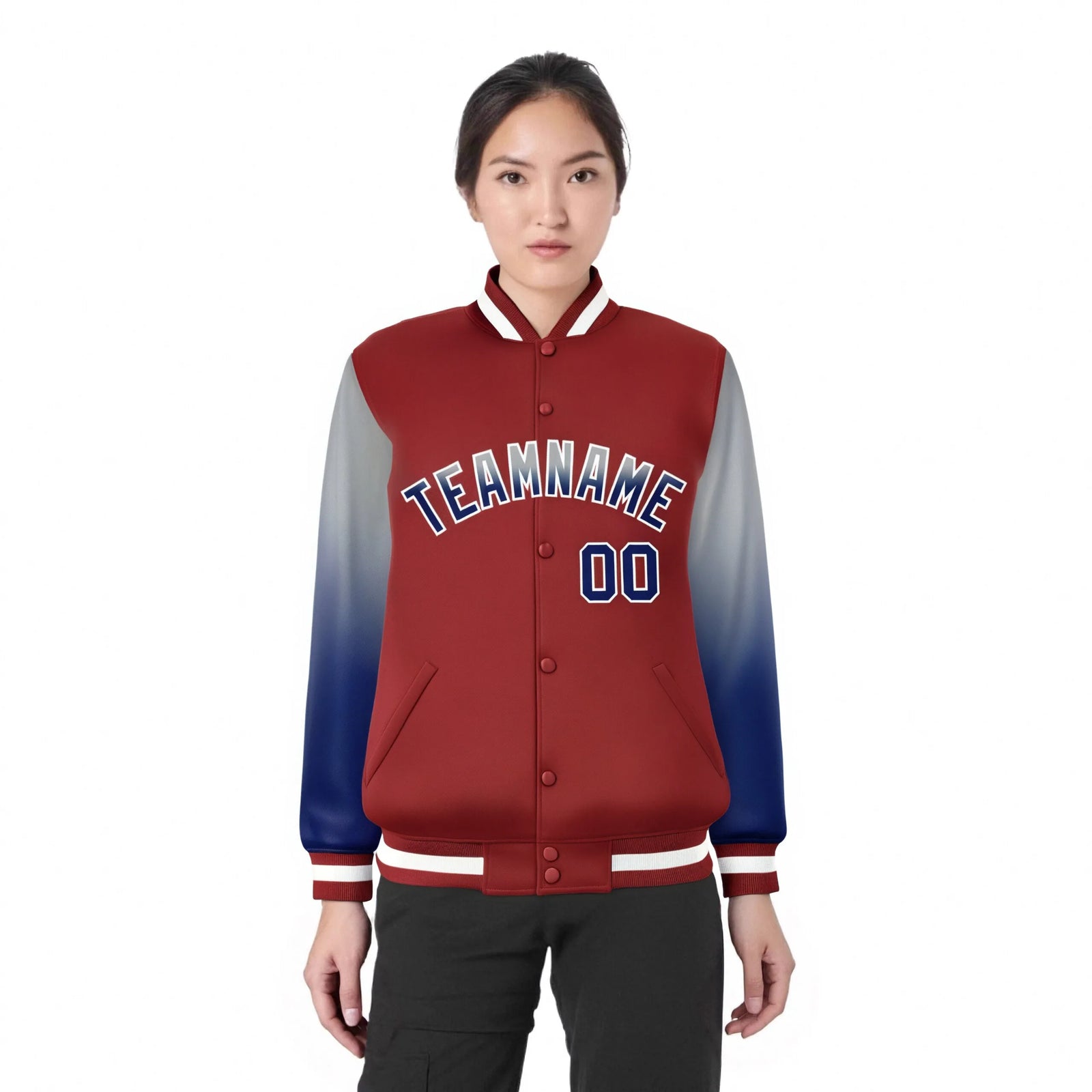 Custom Red Gray-Royal Blue Varsity Full-Snap Sleeve Gradient Fashion Letterman Baseball Jacket