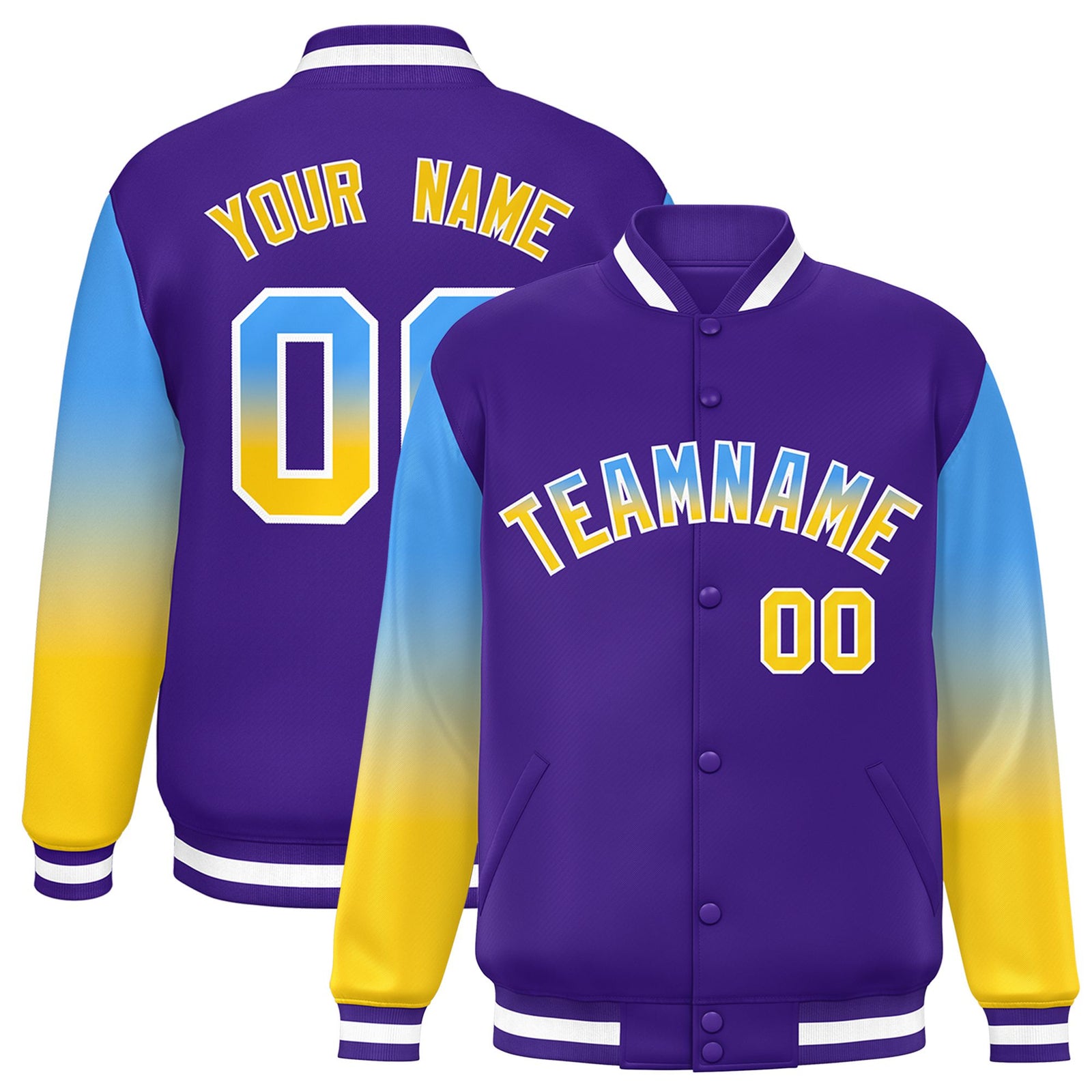 Custom Purple Powder Blue-Gold Varsity Full-Snap Sleeve Gradient Fashion Letterman Baseball Jacket