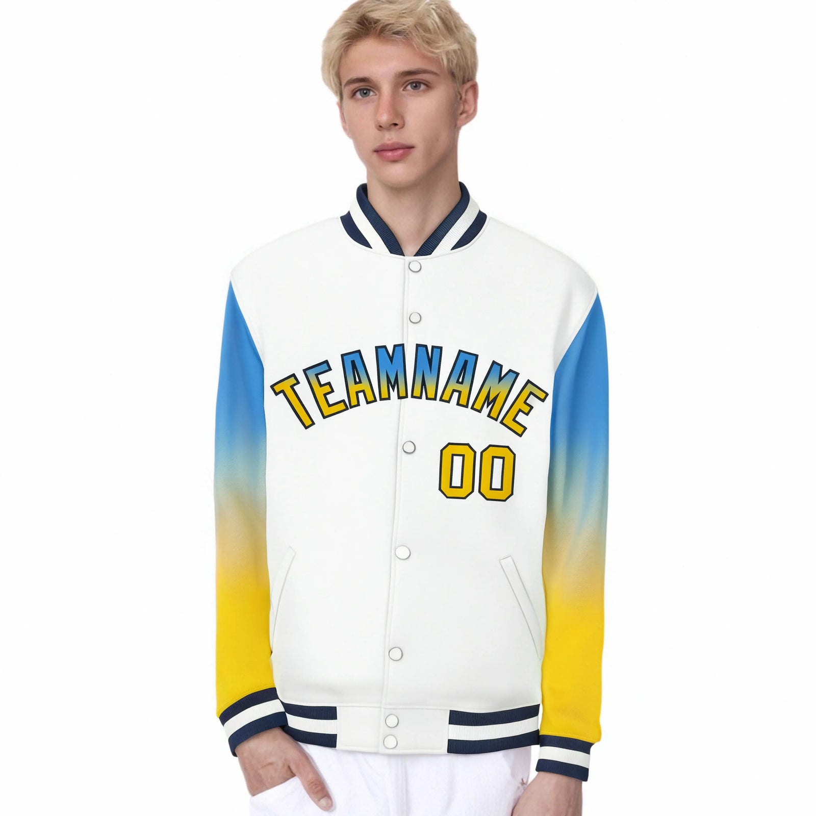 Custom White Powder Blue-Gold Varsity Full-Snap Sleeve Gradient Fashion Letterman Baseball Jacket