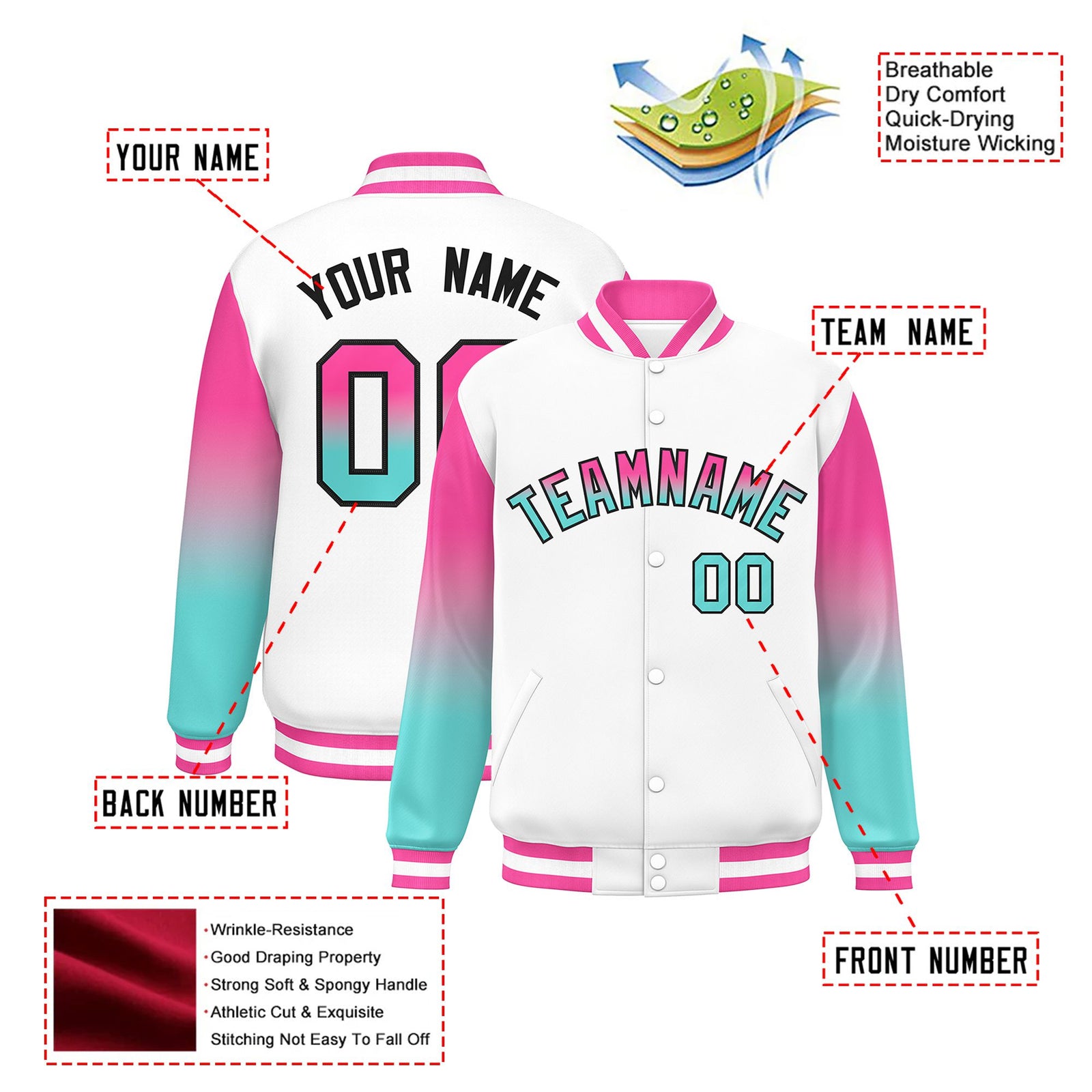 Custom White Pink-Aqua Varsity Full-Snap Sleeve Gradient Fashion Letterman Baseball Jacket